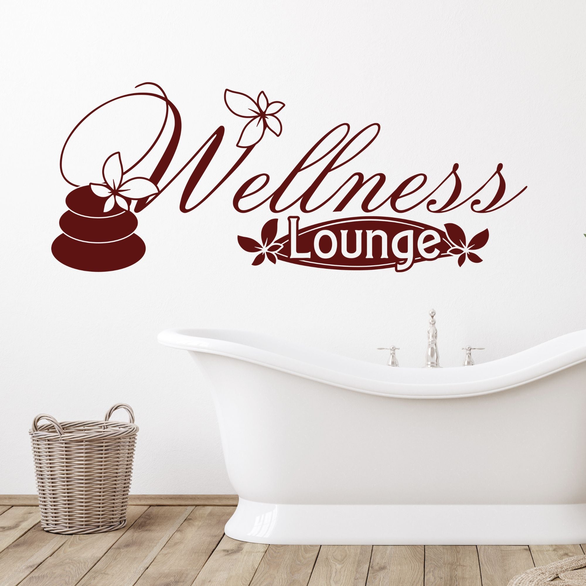Wellness Lounge Wandtattoo in dunkelrot mit Blumenmotiven.