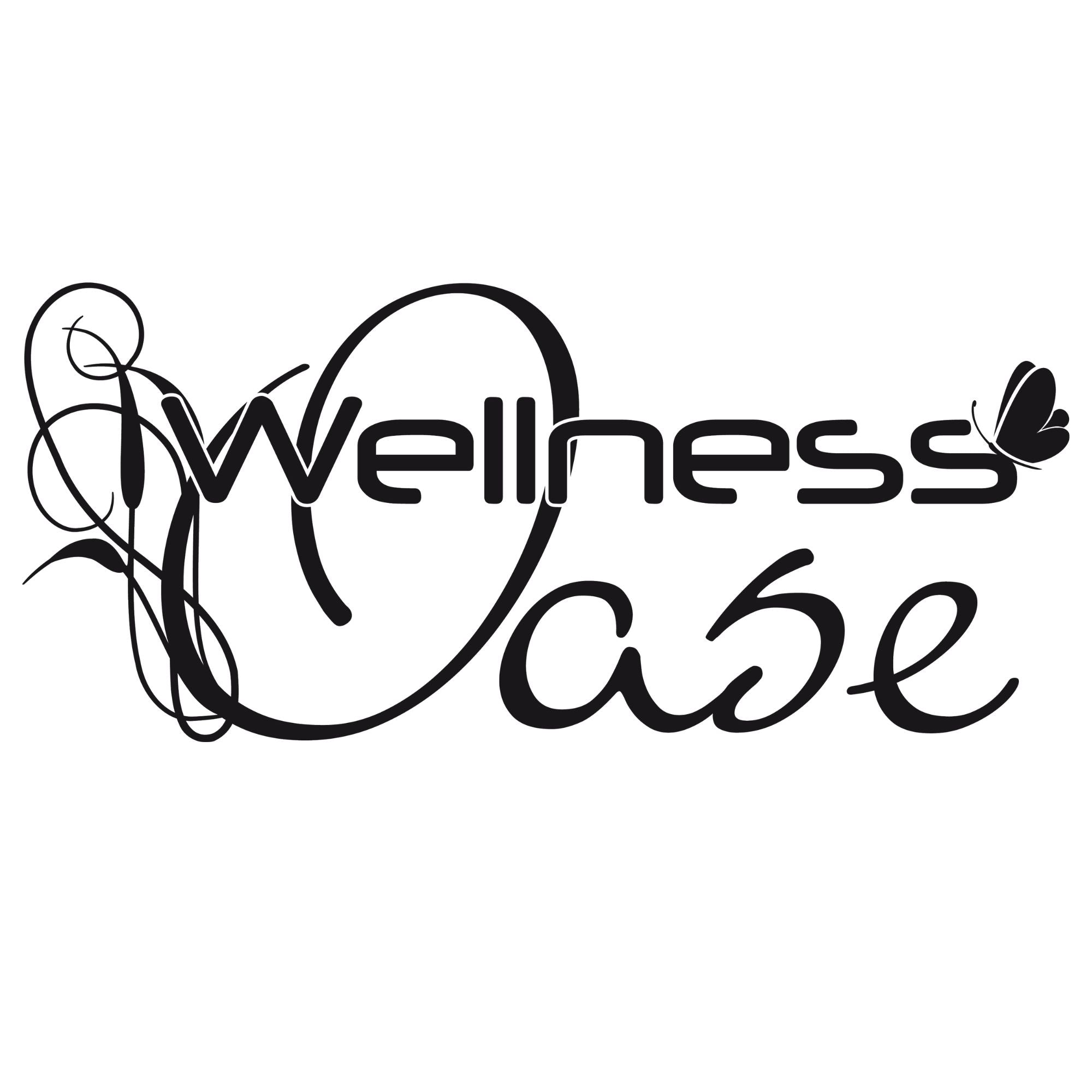 Schwarzer Schriftzug "Wellness Oase" mit dekorativen Elementen.