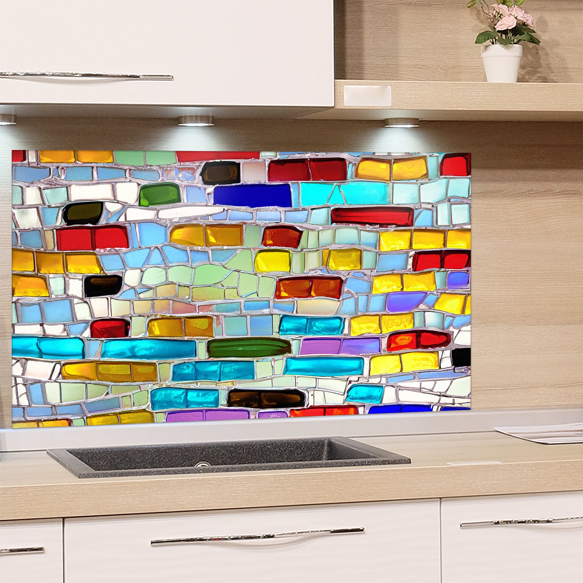 Bunte Mosaikfliesen in verschiedenen Farben und Formen.