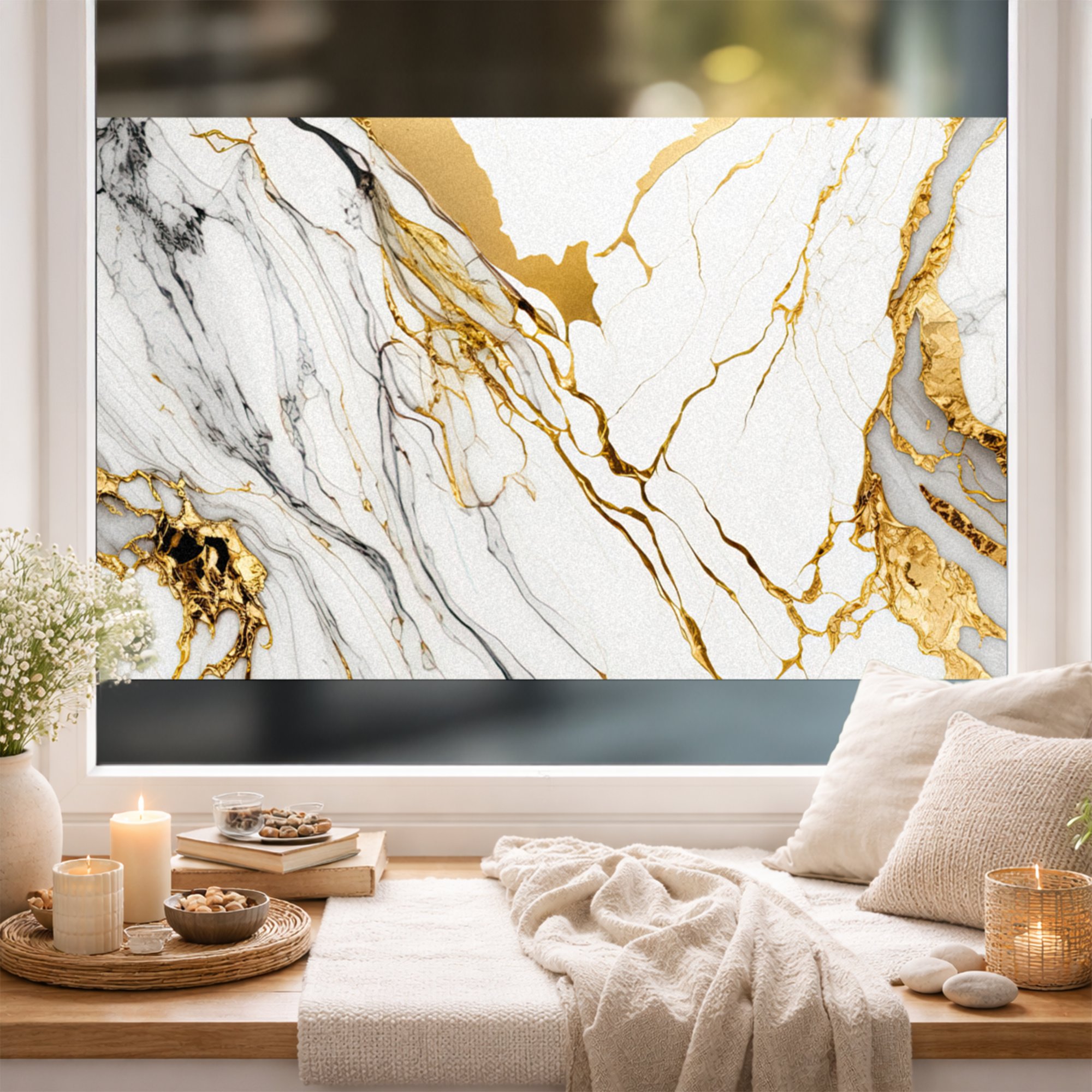 Fensterfolie Marmor mit Gold-Details