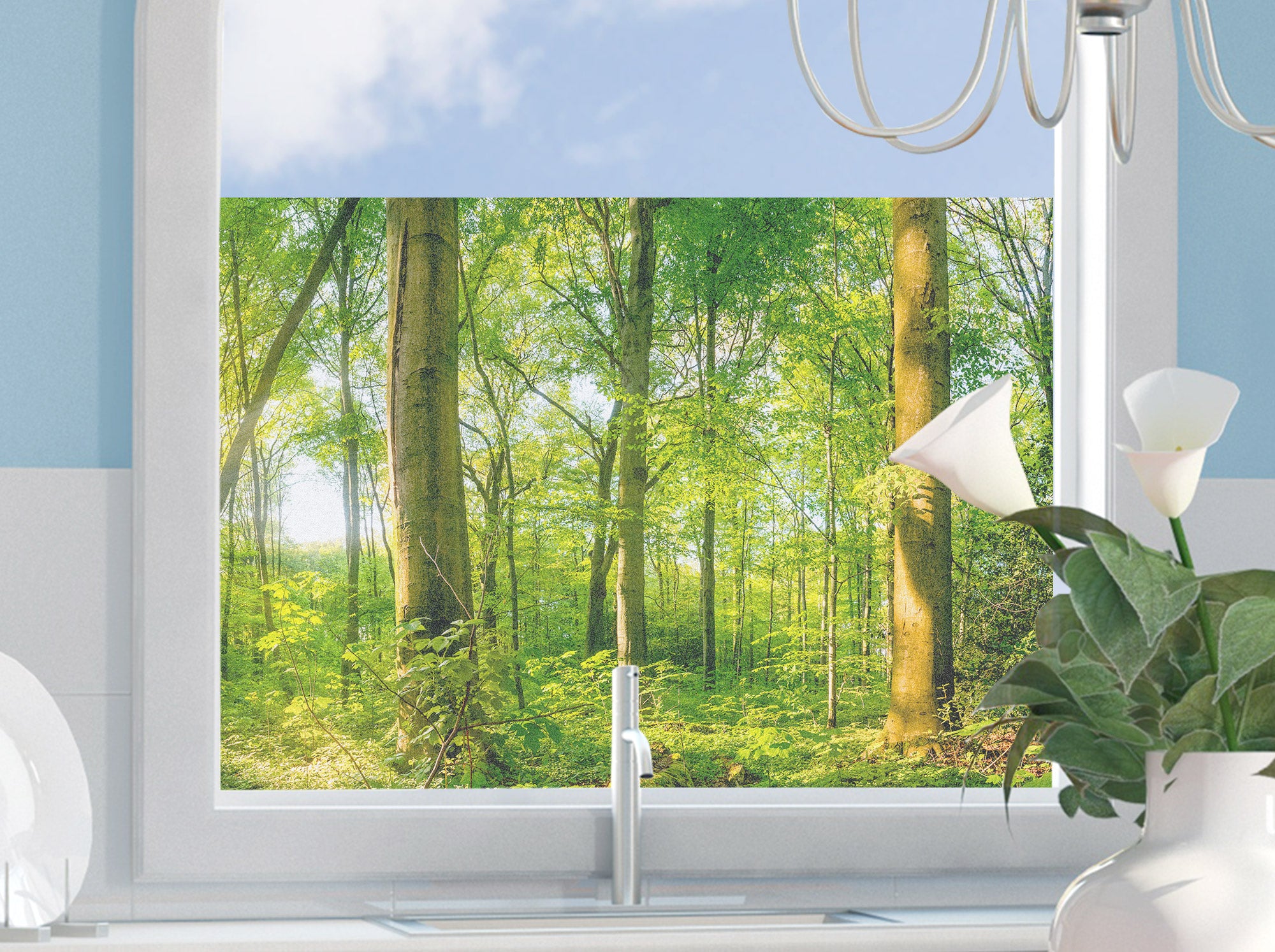 Grüner Waldblick durch ein Fenster mit weißen Wänden.