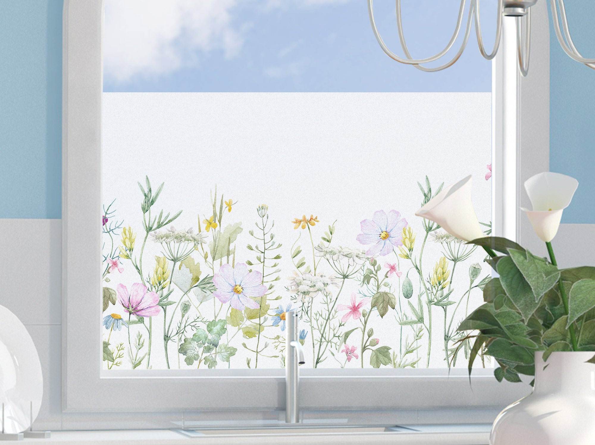 Bunte Blumenmuster auf Fensterfolie, helles, frisches Design.
