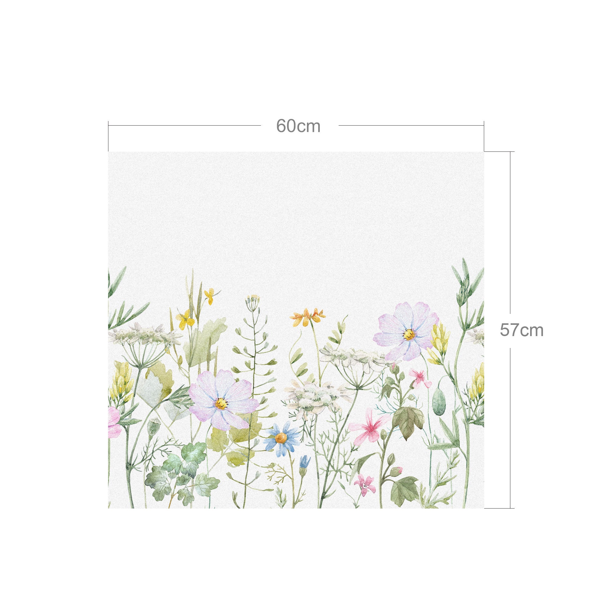 Bunte Blumenwiese auf weißem Hintergrund, 60x57 cm.