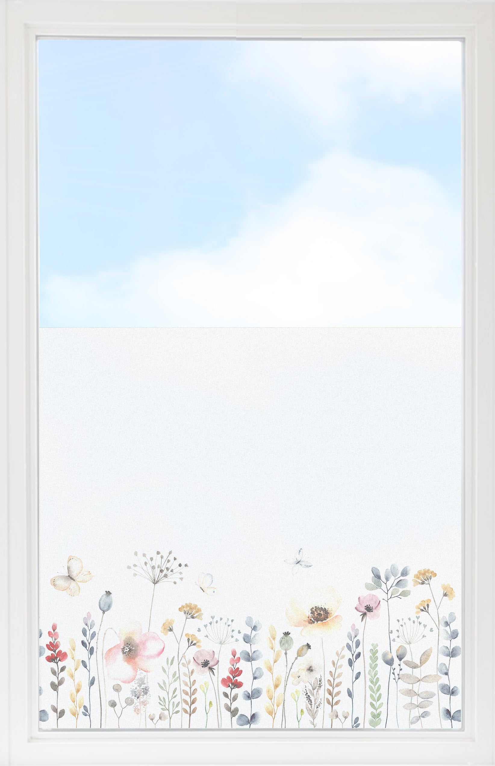 Helle Wandtapete mit bunten Blumen und blauem Himmel.