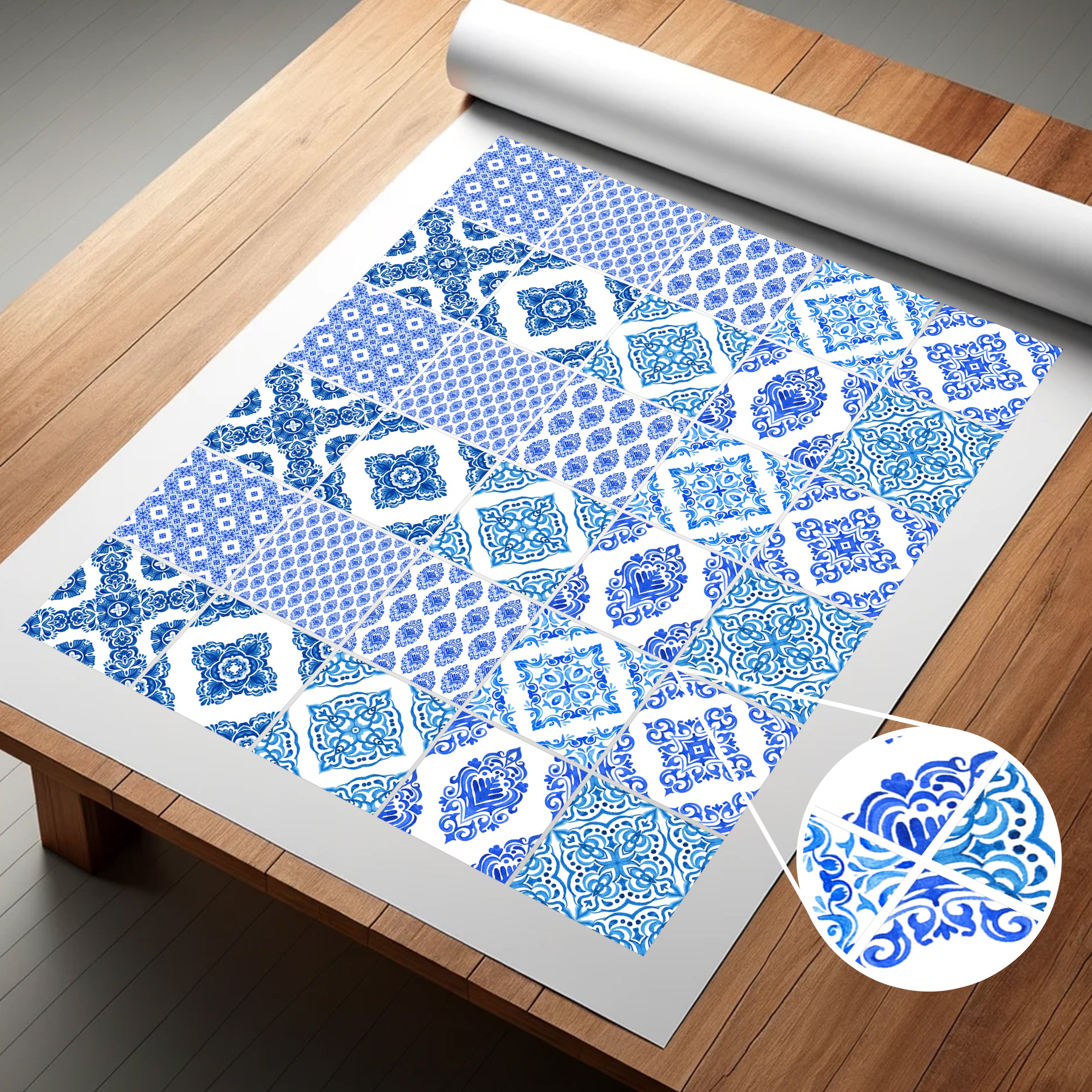 Fliesenaufkleber mit blau-weißem Muster 30 Stück
