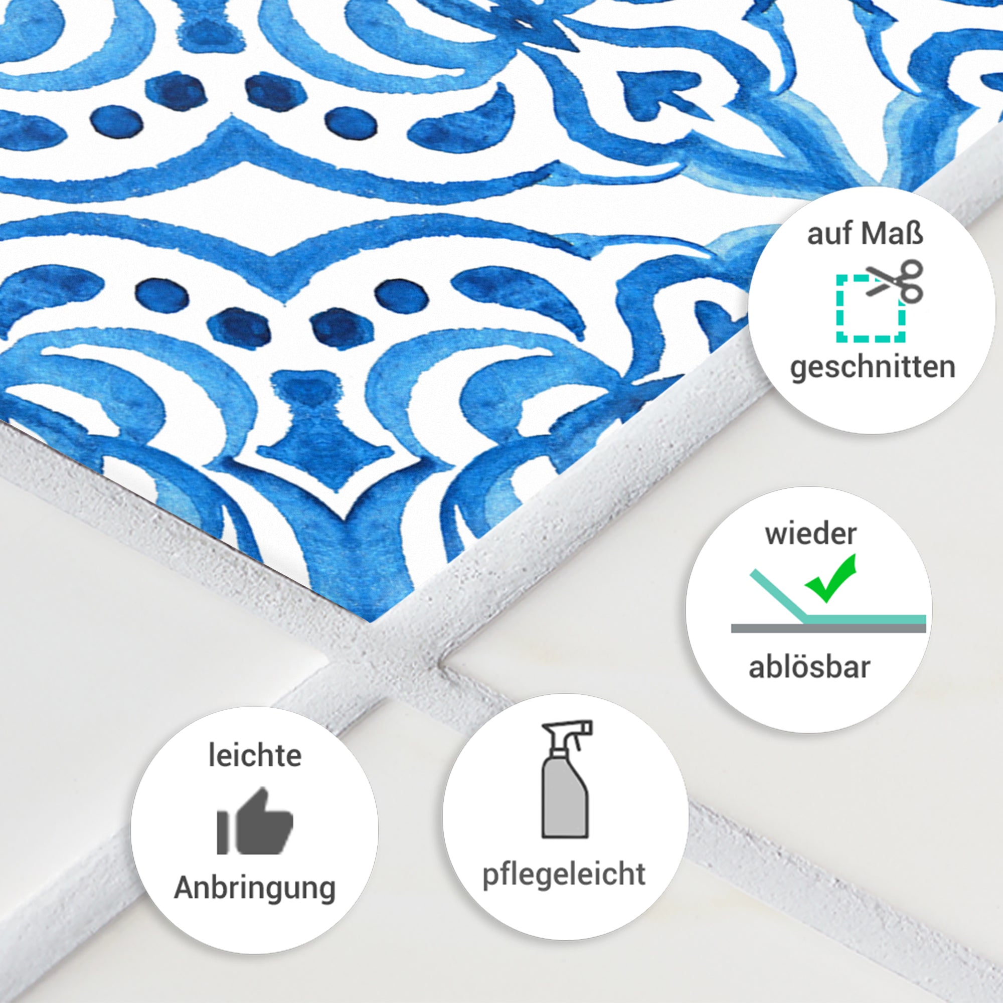 Fliesenaufkleber mit blau-weißem Muster 30 Stück