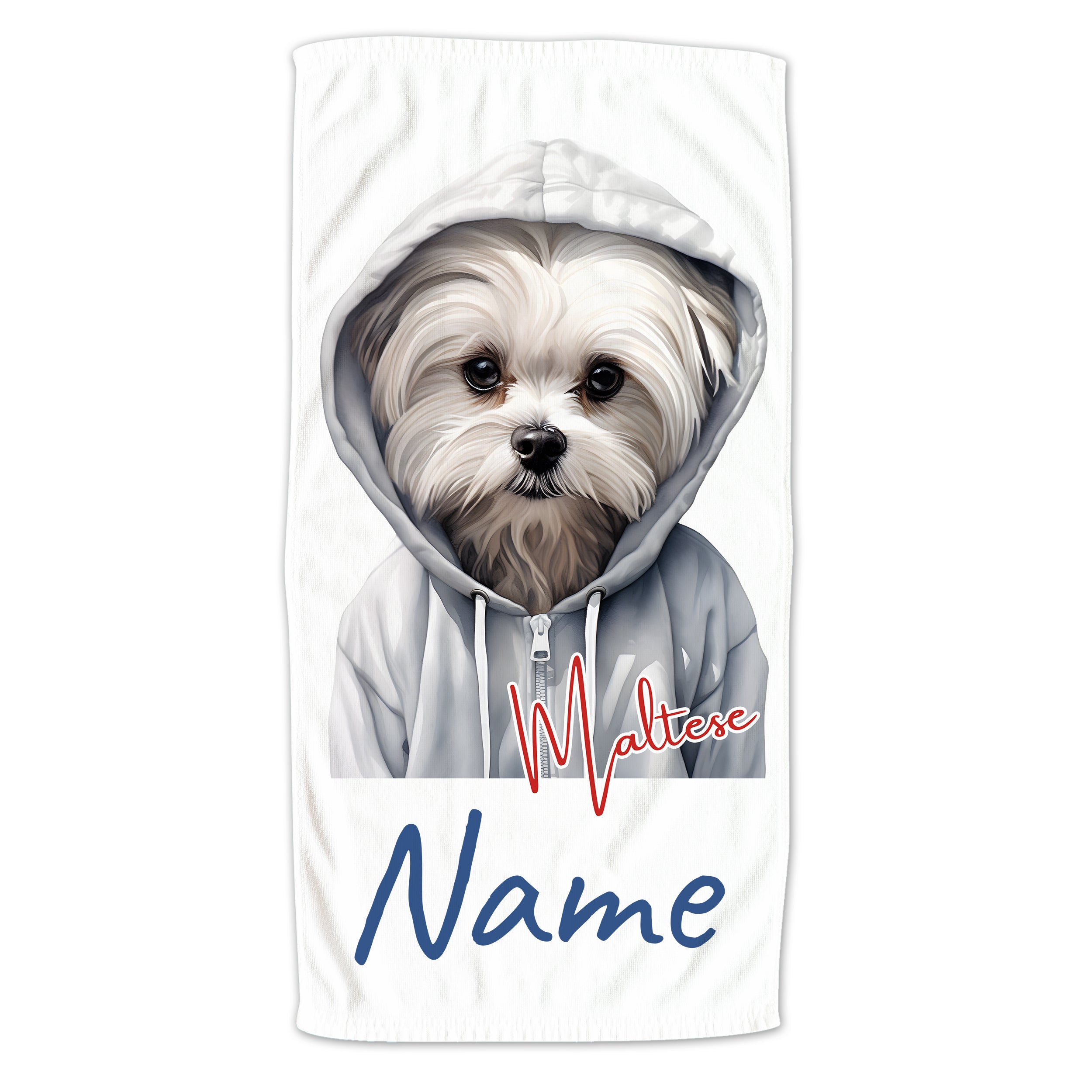 Maltese-Hund im Hoodie, weiße Farbe, personalisierbar.