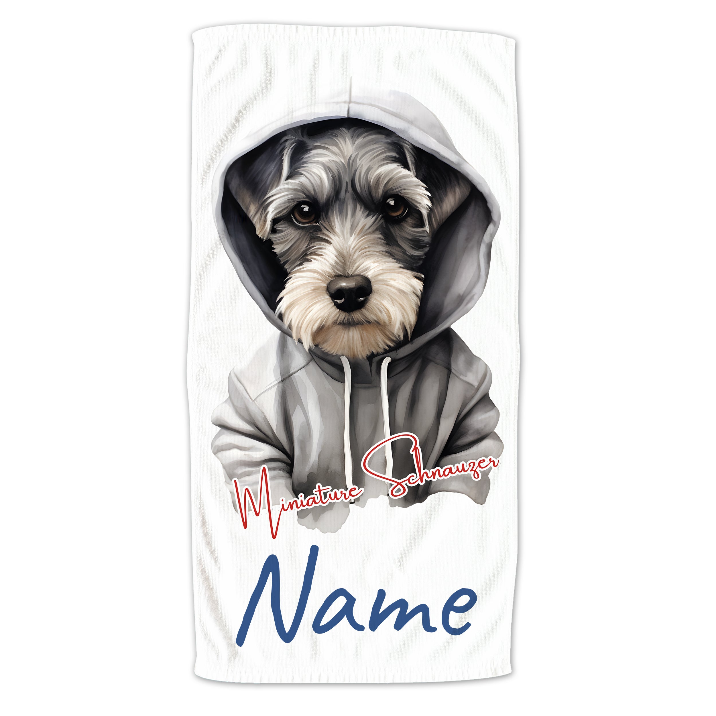 Miniature Schnauzer im Hoodie, weißes Handtuch, personalisierbar.