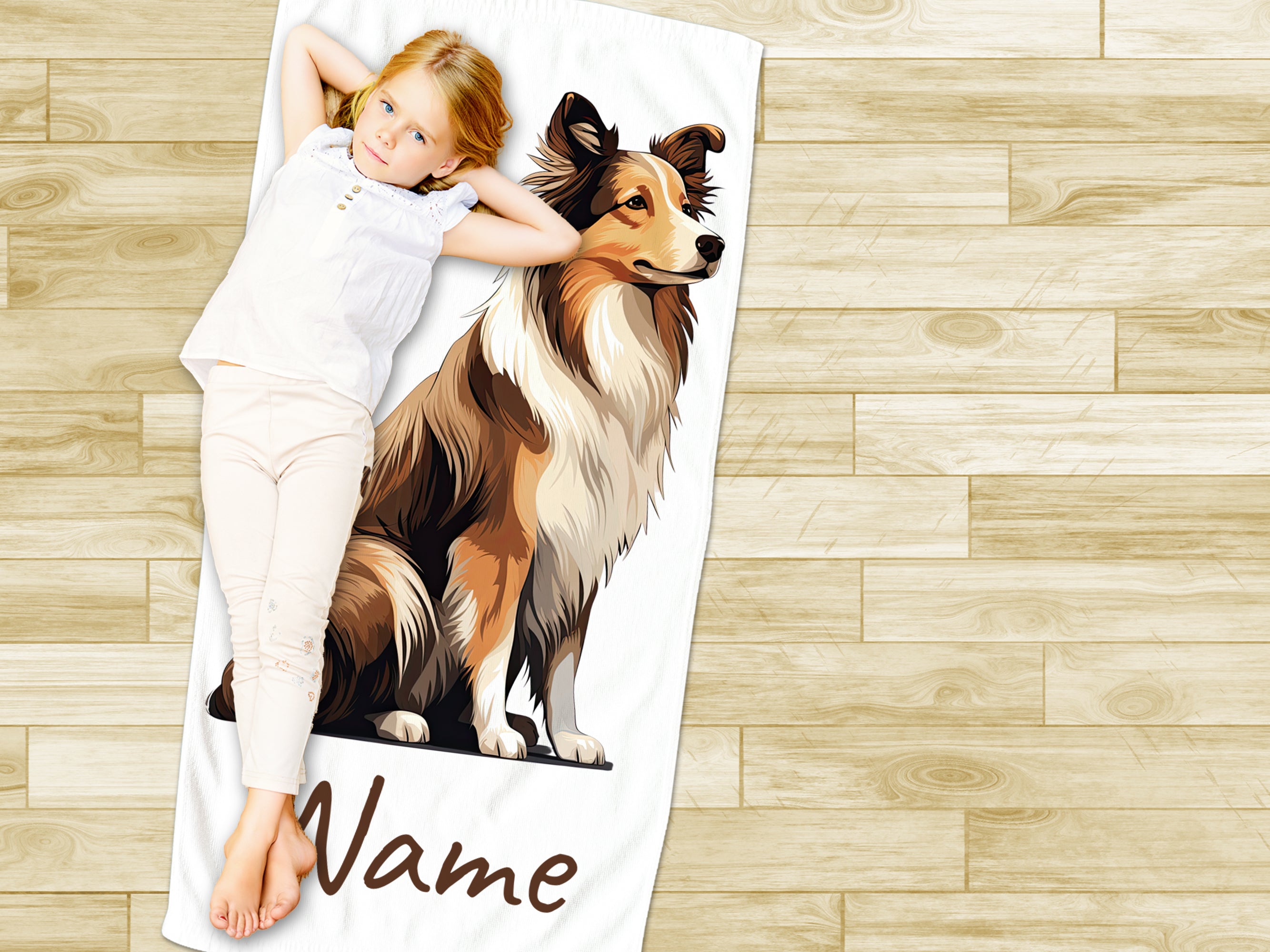 Mädchen auf personalisiertem Handtuch mit Collie-Motiv.