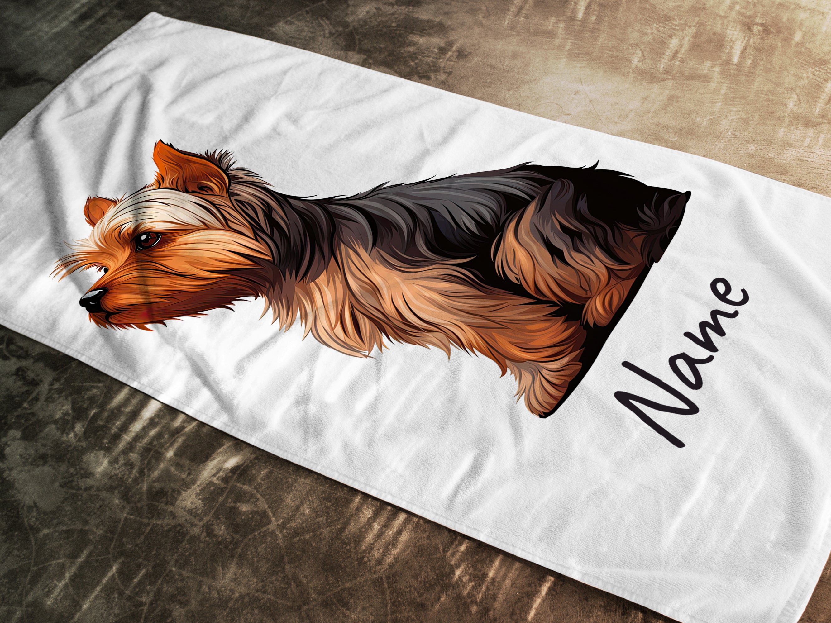 Yorkshire Terrier auf weißem Hintergrund mit Name.