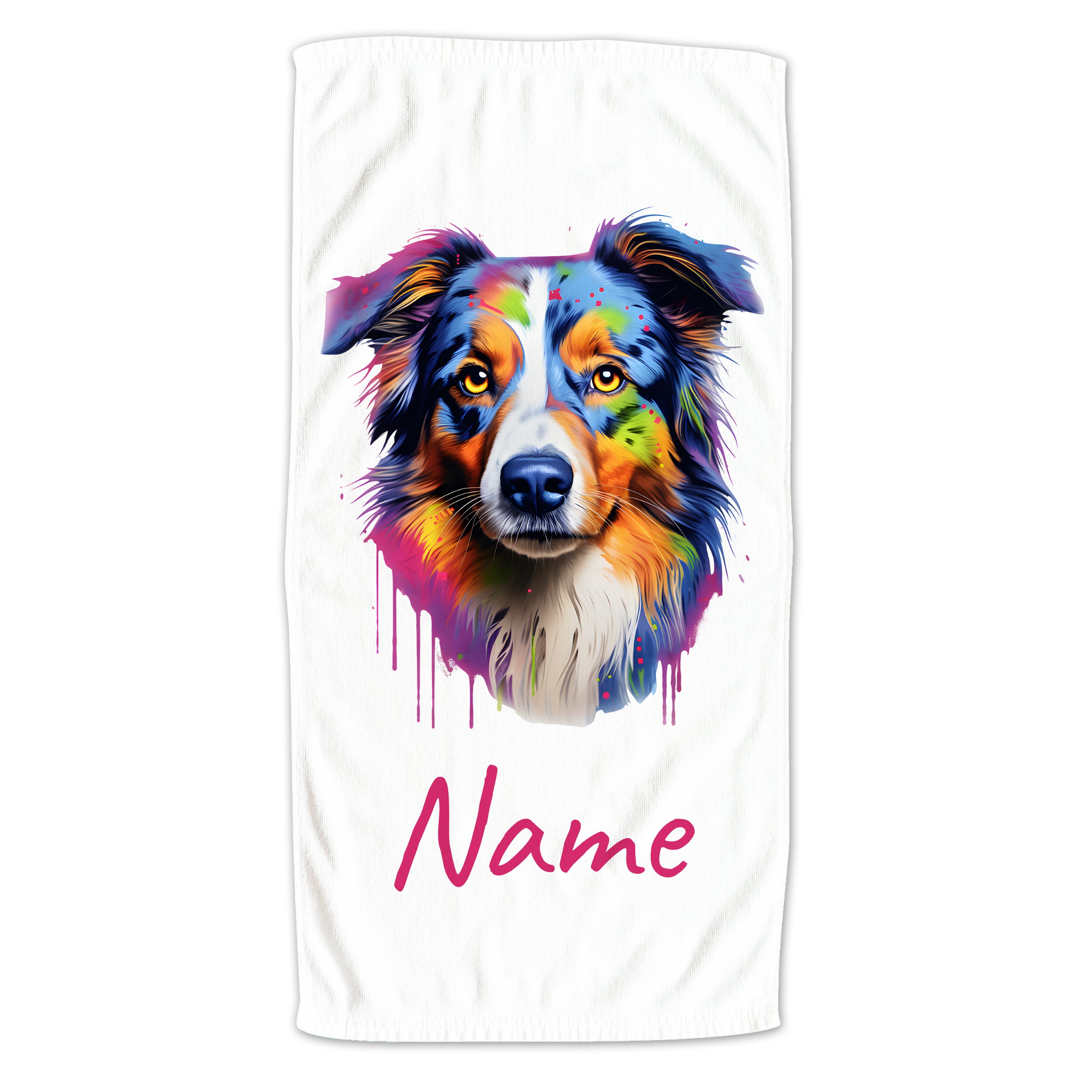 Bunte Hundedruck mit personalisierbarem Namen auf weißem Hintergrund.