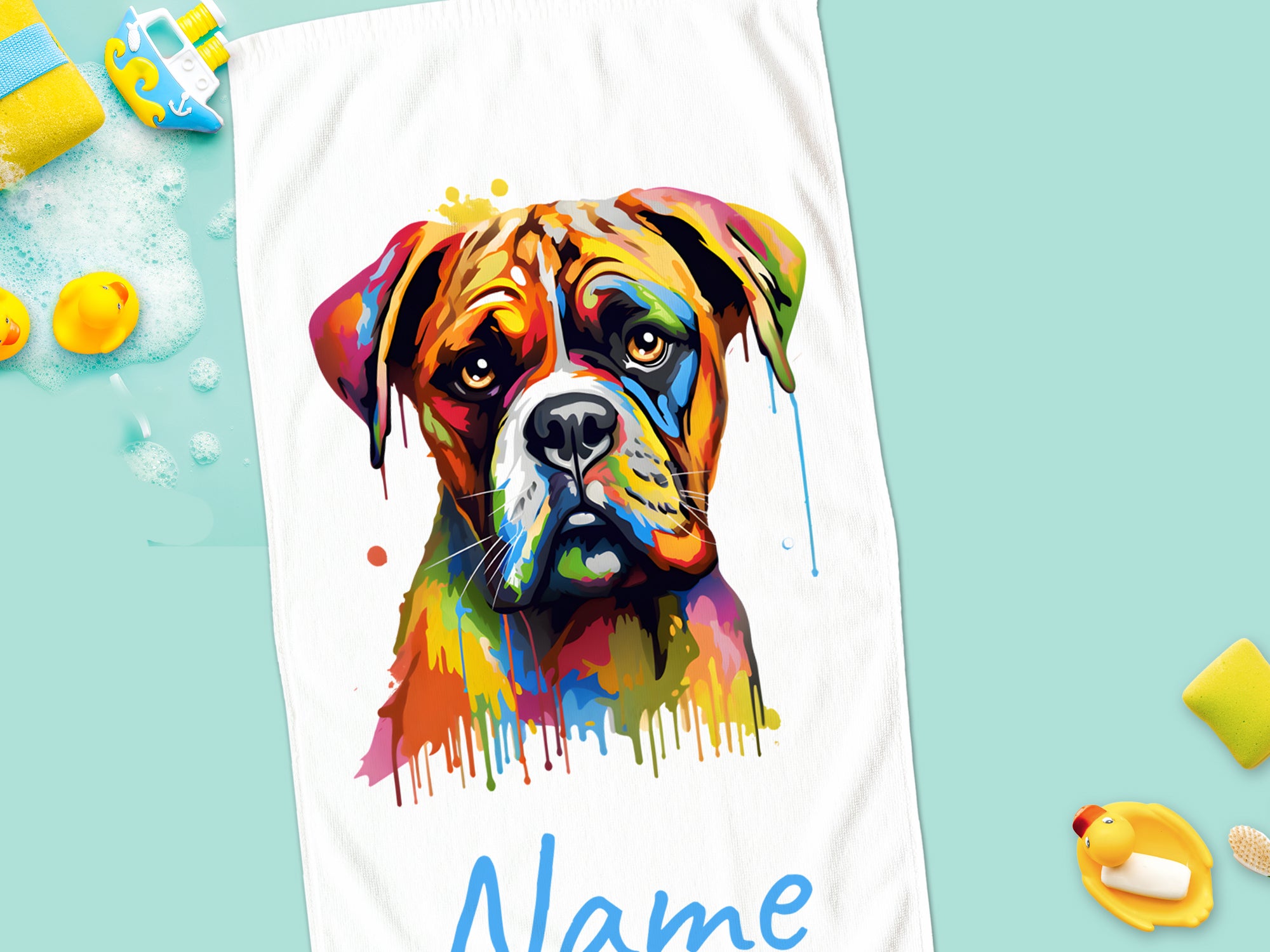 Buntes Handtuch mit Boxer-Hund und personalisiertem Namen.