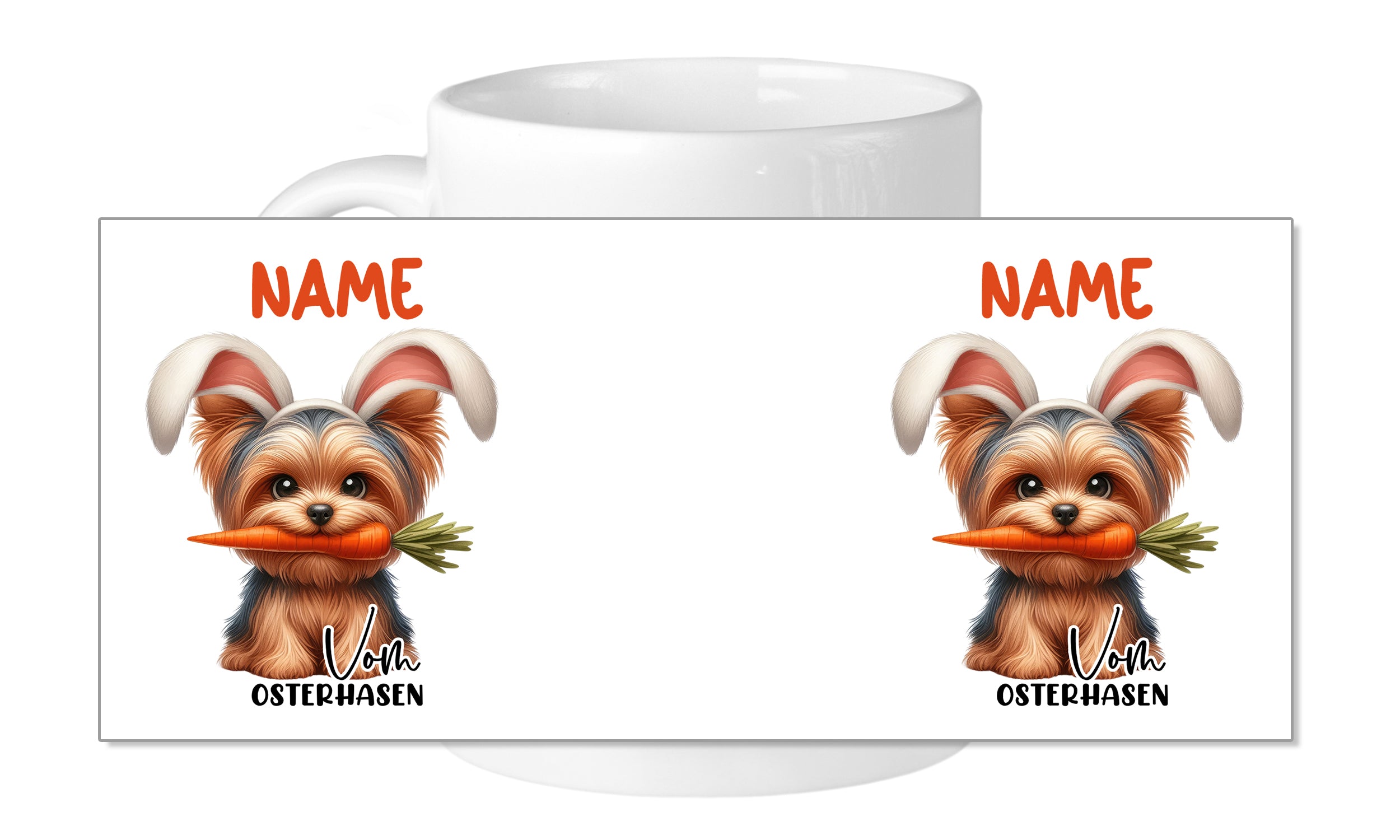 Tasse mit niedlichem Hasen-Hund und Karotte, personalisierbar.