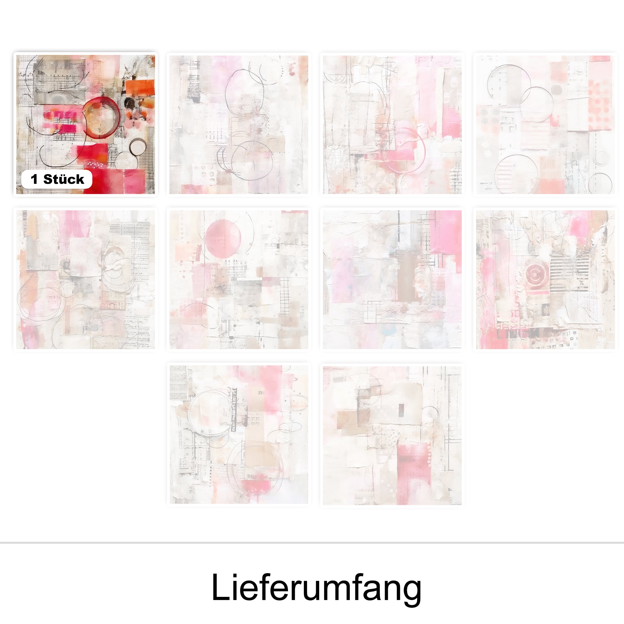 Abstrakte Kunstwerke in Pastellfarben mit geometrischen Formen.