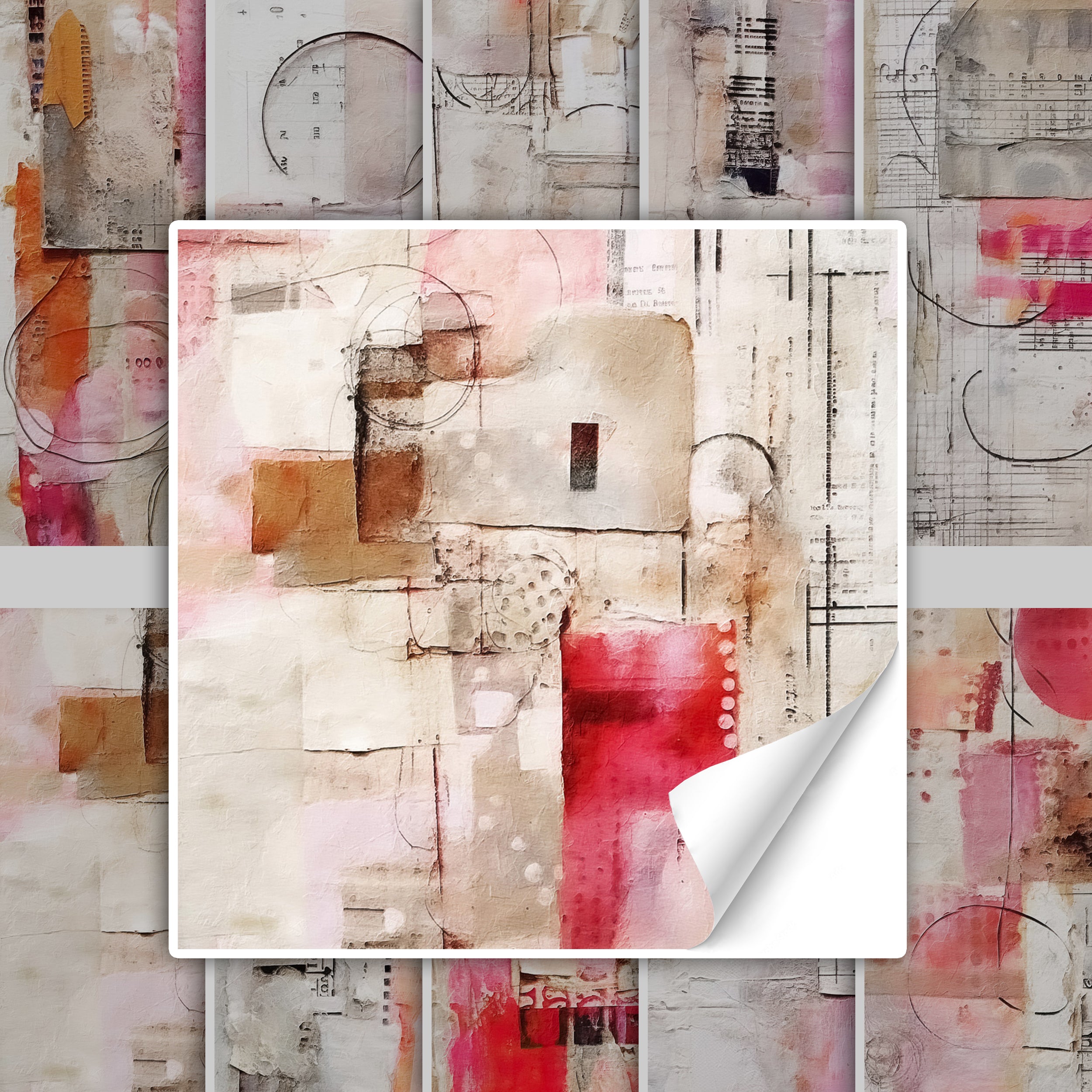 Abstrakte Kunst in Beige, Rot und Rosa mit geometrischen Formen.