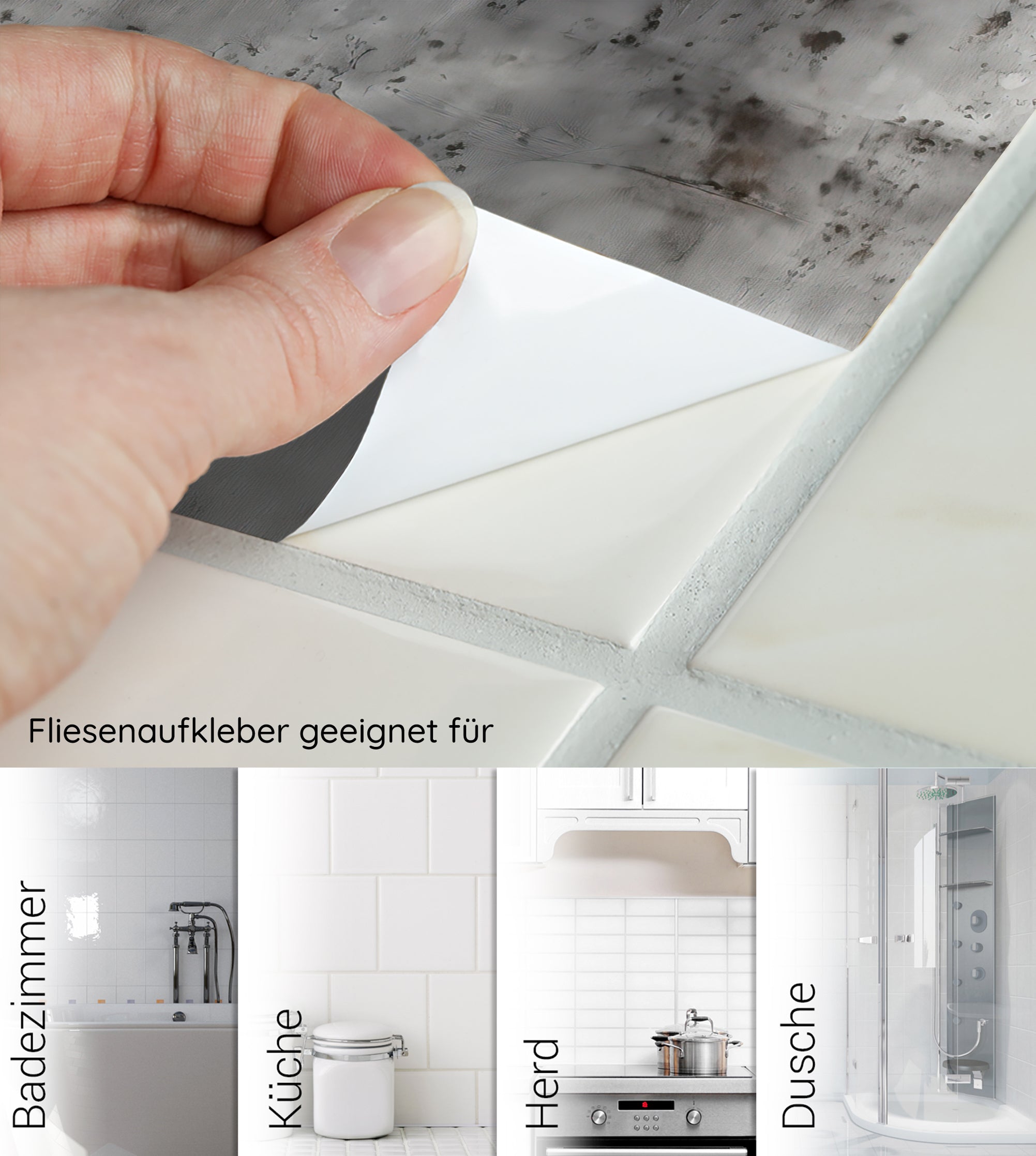 Fliesenaufkleber in Grau für Badezimmer, Küche, Herd und Dusche.