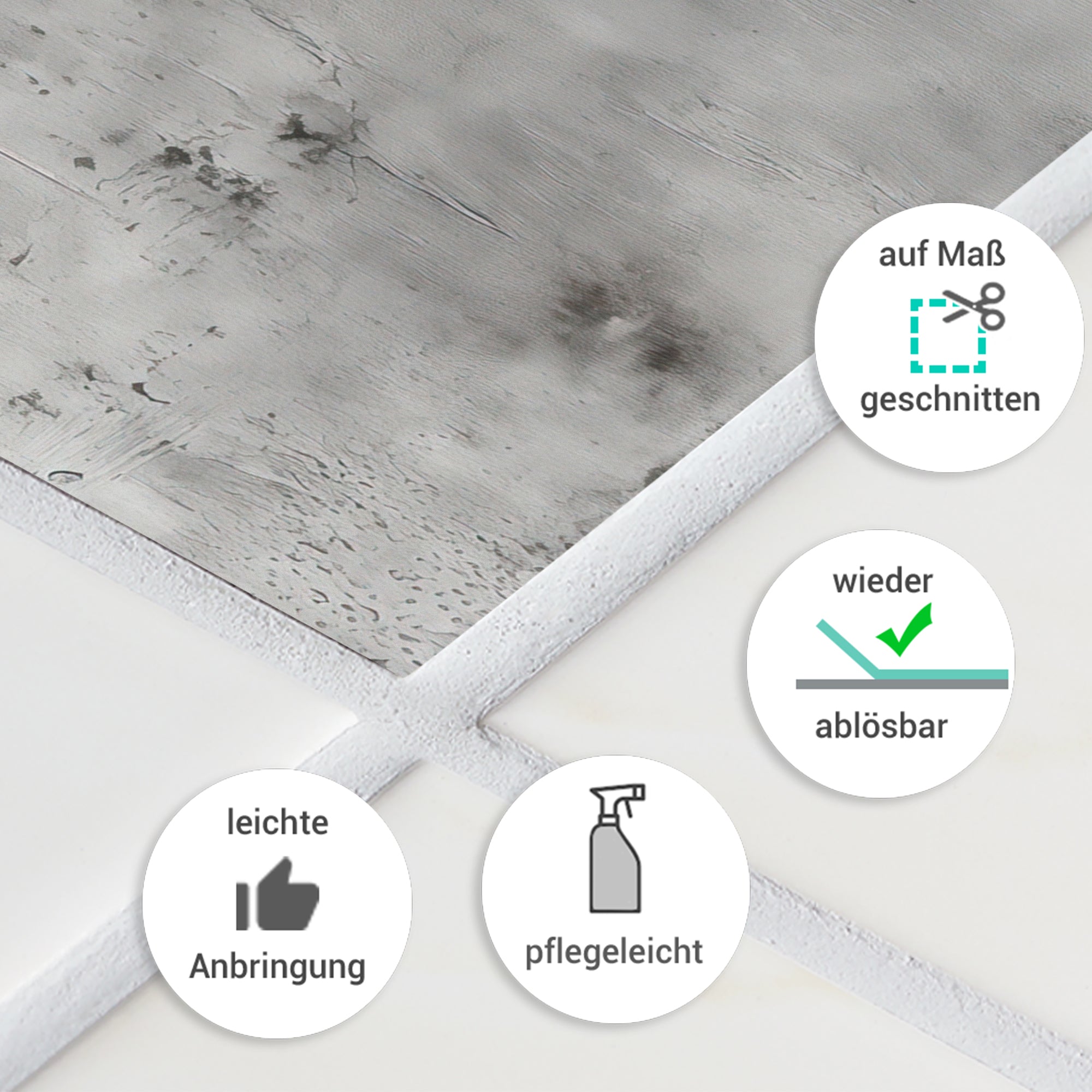 Graue, pflegeleichte Fliesen, wieder ablösbar, maßgeschneidert.