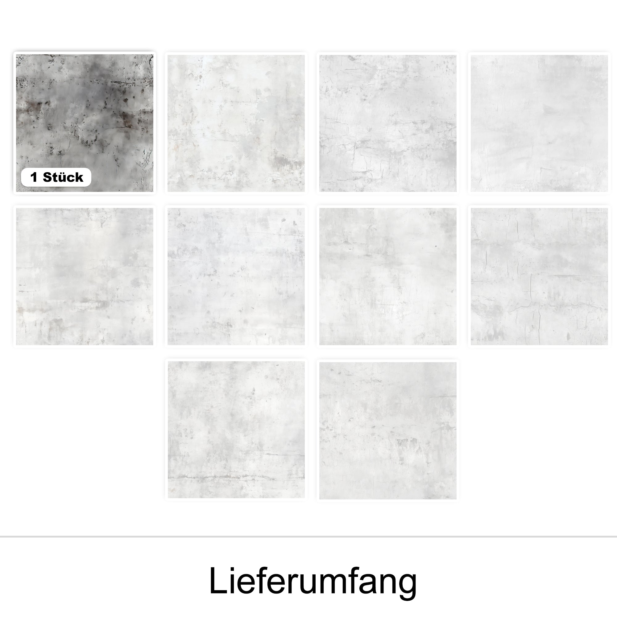 Zehn quadratische Muster in verschiedenen Grautönen.