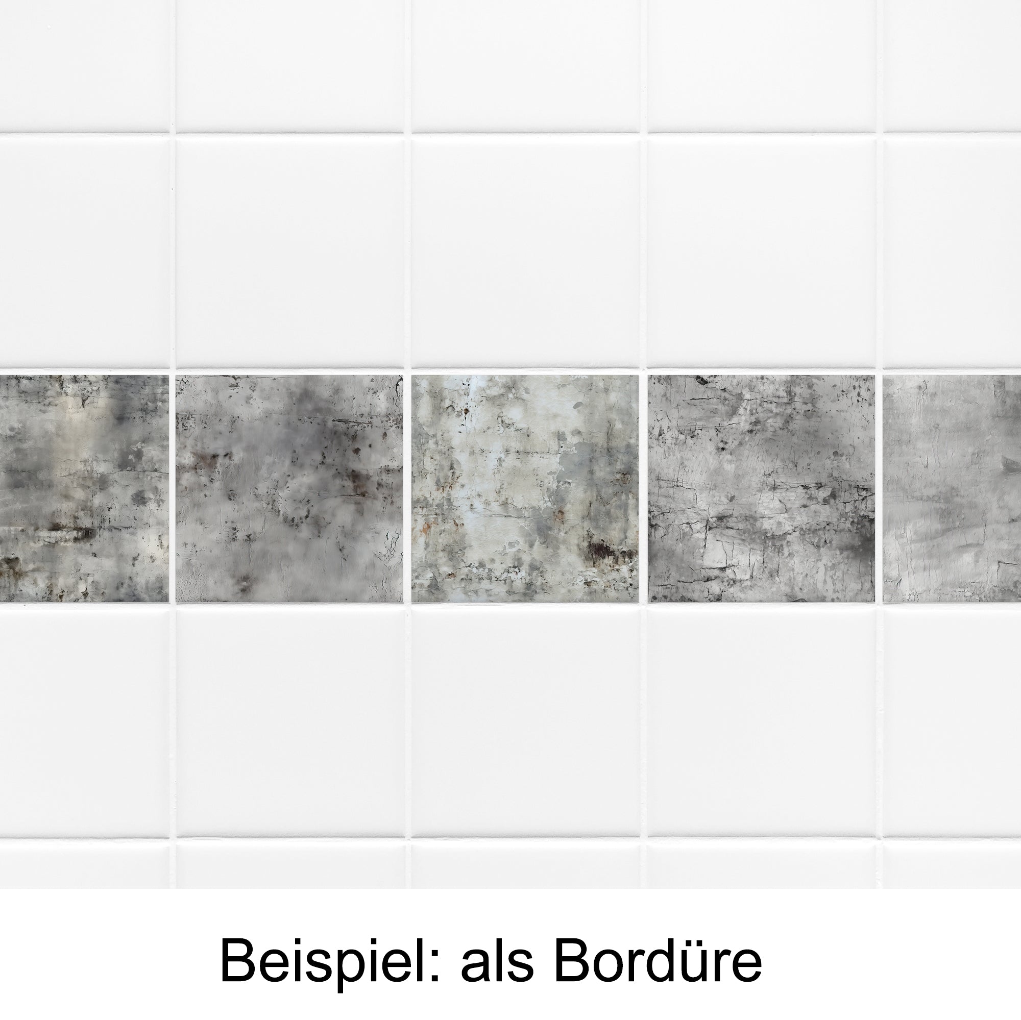 Graue Fliesen mit strukturiertem Design als Bordüre.