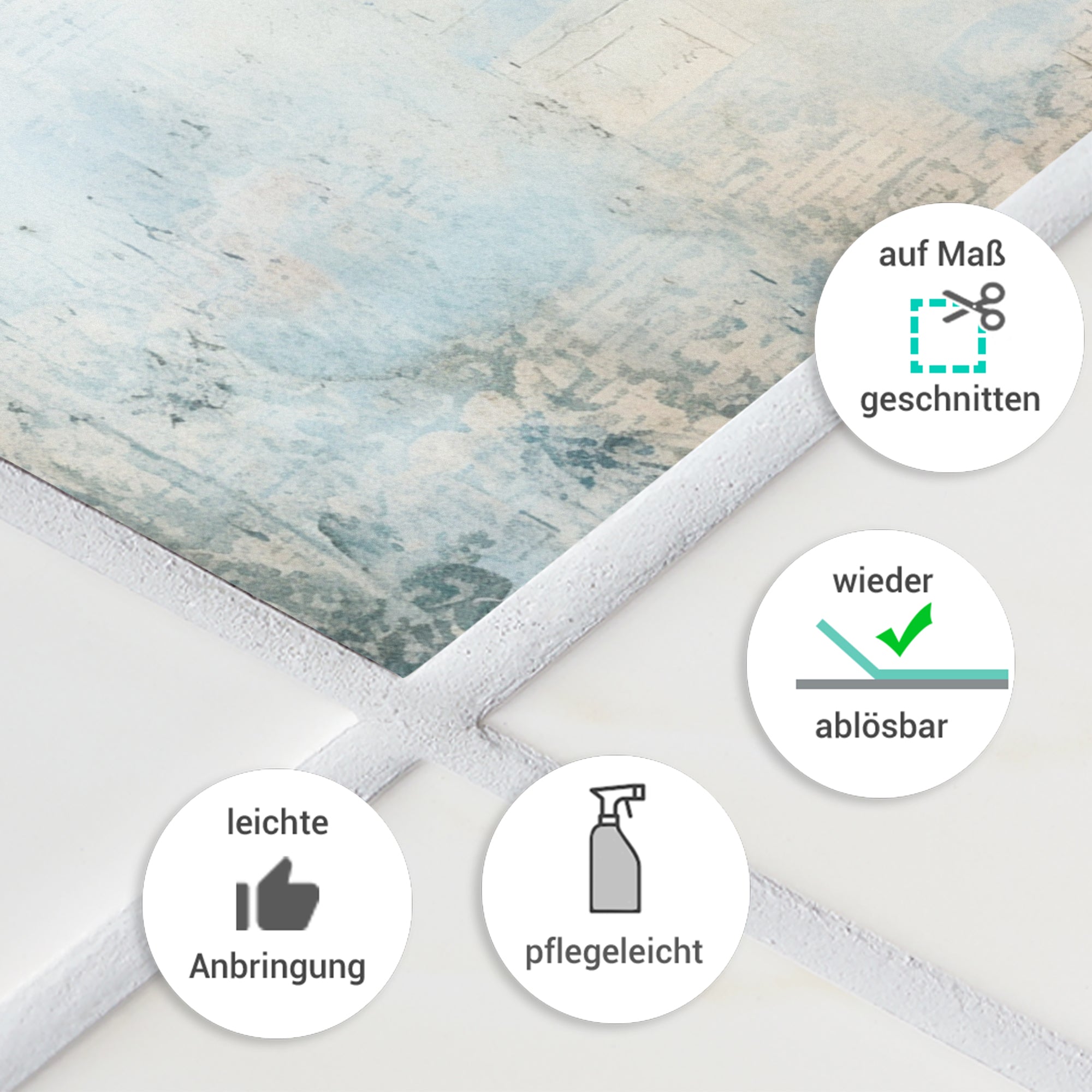Blaues, pflegeleichtes Wandbild, wieder ablösbar, maßgeschneidert.