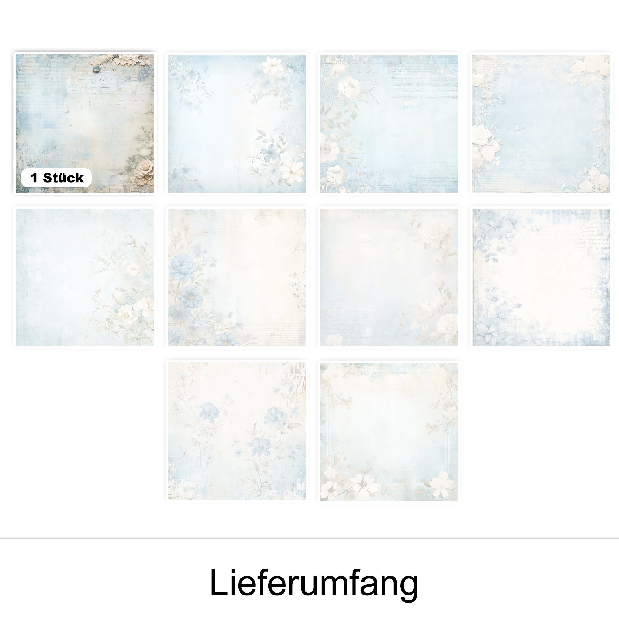 Zehn quadratische, pastellblaue Papiere mit floralen Motiven.