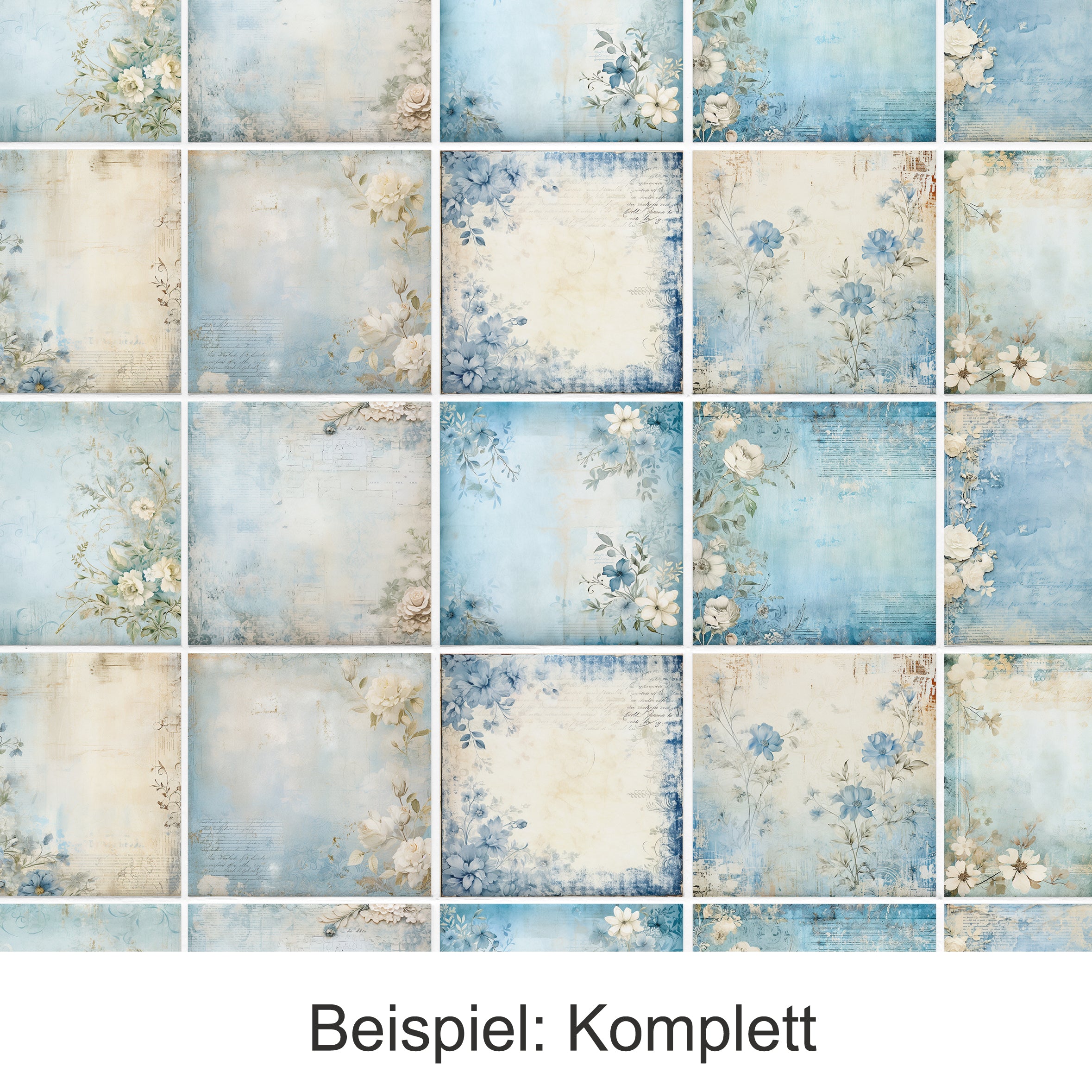 Blau-weiße Vintage-Hintergründe mit floralen Mustern.