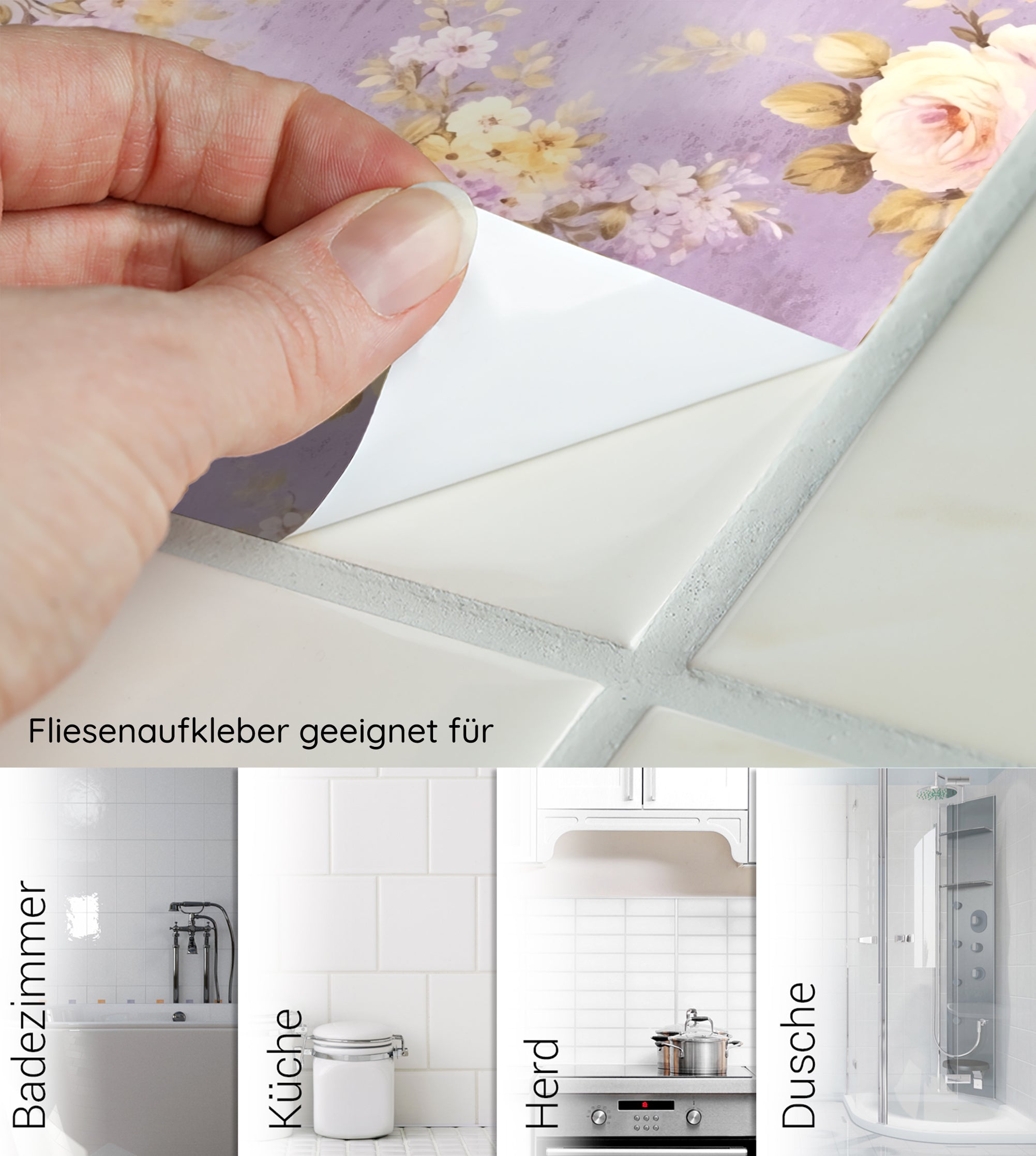 Fliesenaufkleber mit lila Blumenmuster für Badezimmer und Küche.
