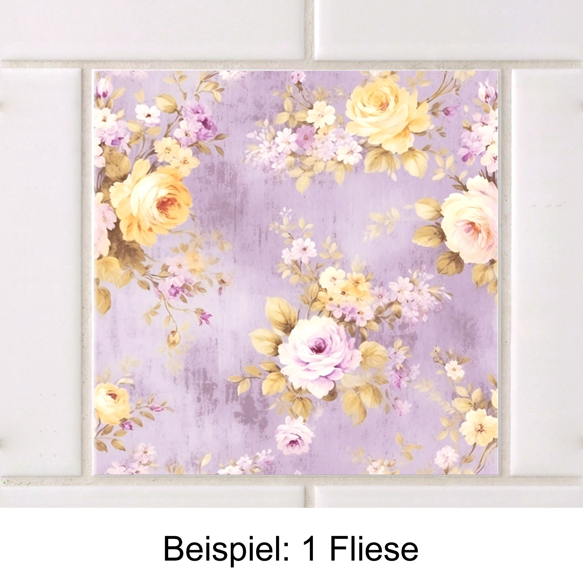 Fliese mit lila Hintergrund und floralen Mustern.