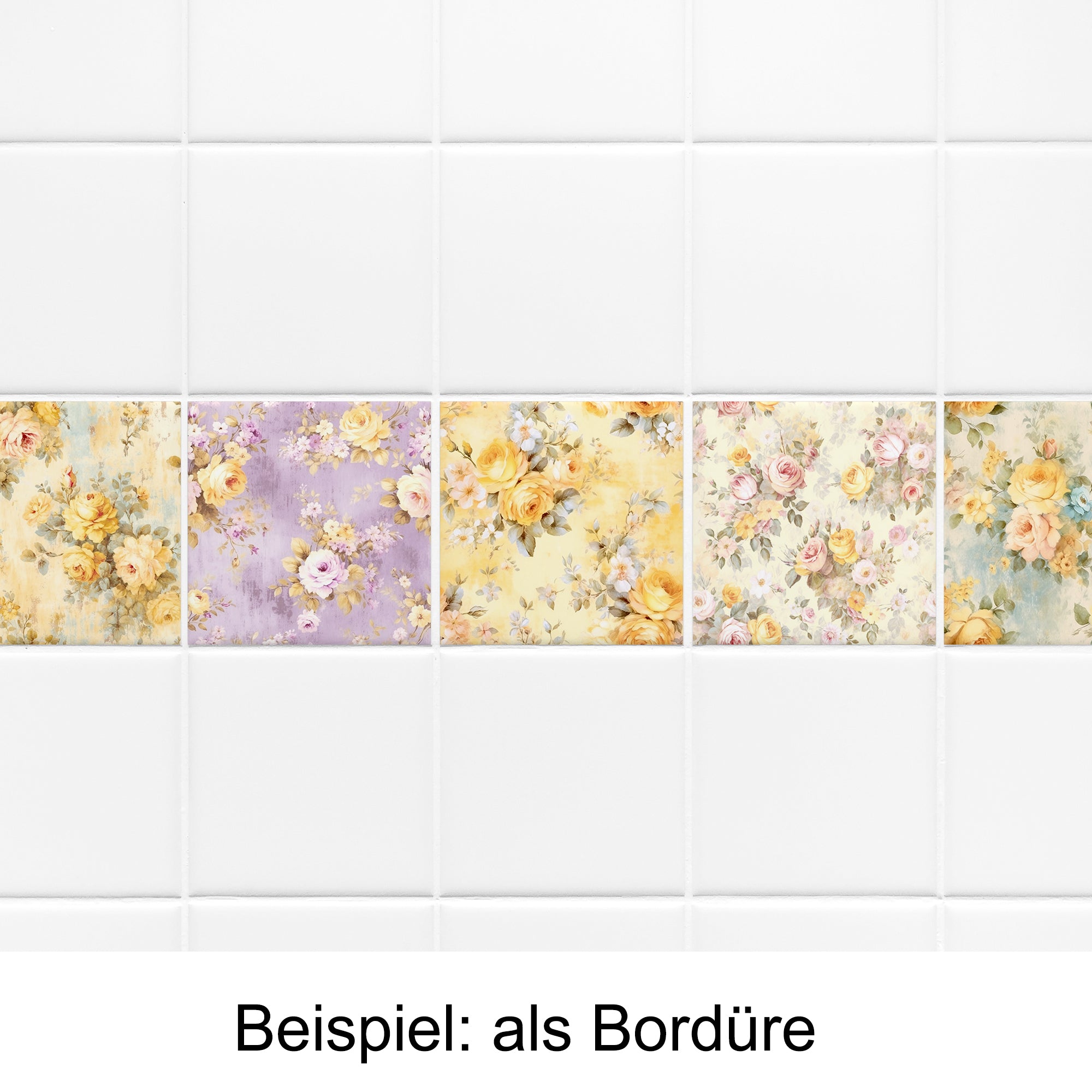 Fliesenbordüre mit floralen Mustern in Pastellfarben.