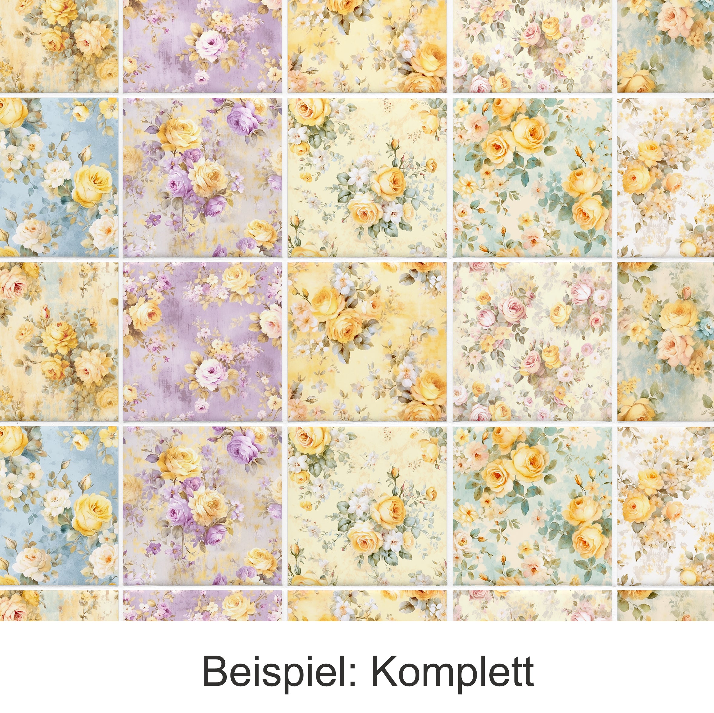 Bunte Blumenmuster in Gelb, Lila und Blau.
