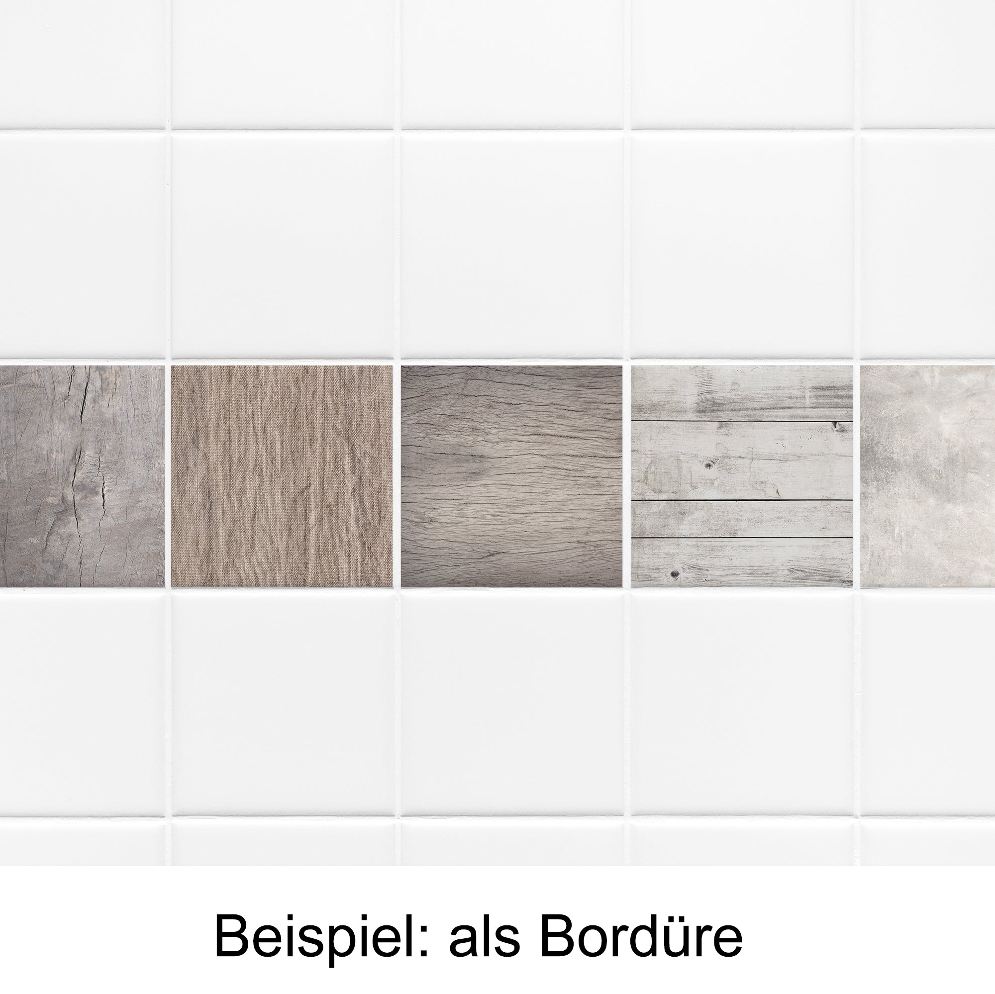 Holzoptik-Fliesen in verschiedenen Grautönen als Bordüre.