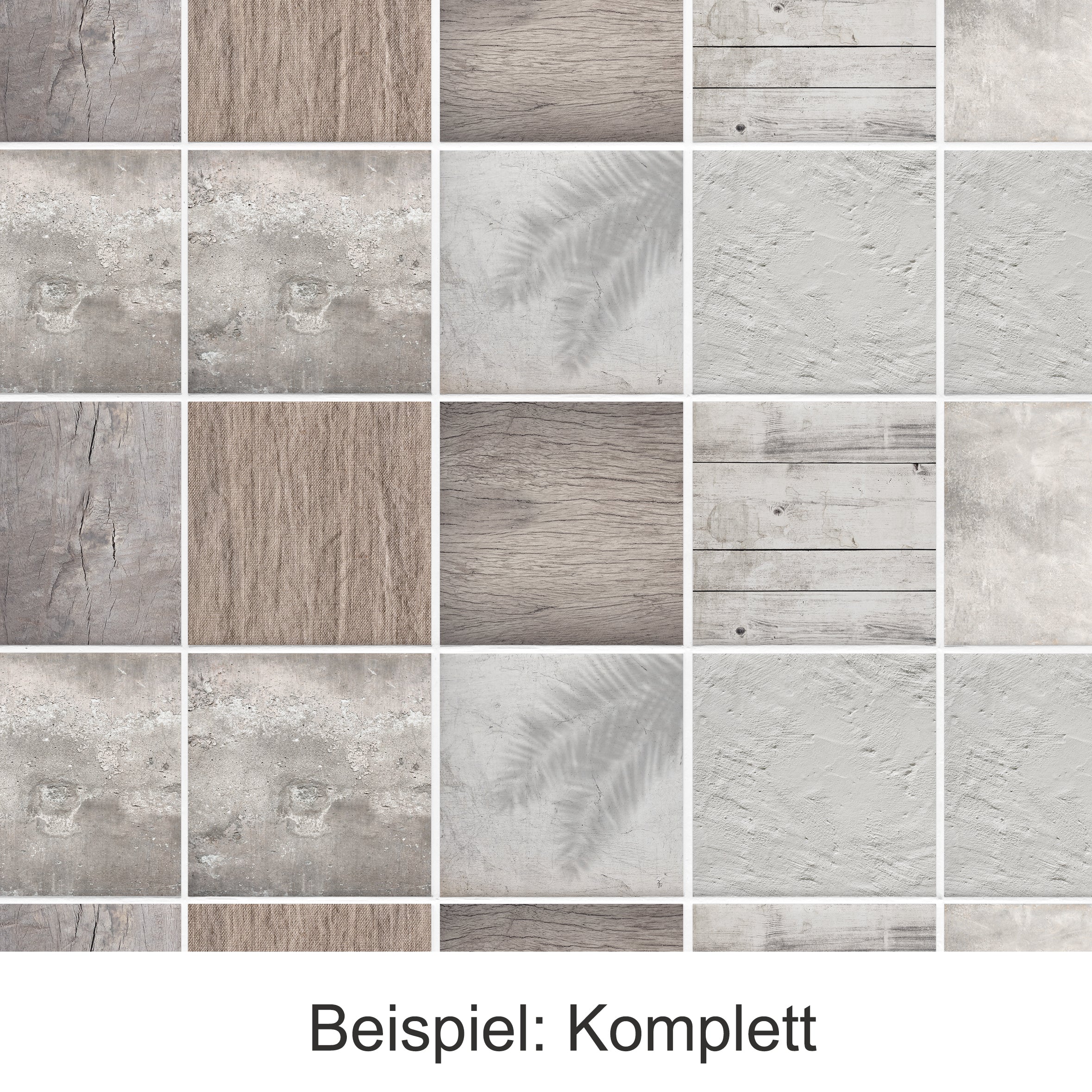 Fliesenmuster in Grau- und Holztönen, verschiedene Texturen.