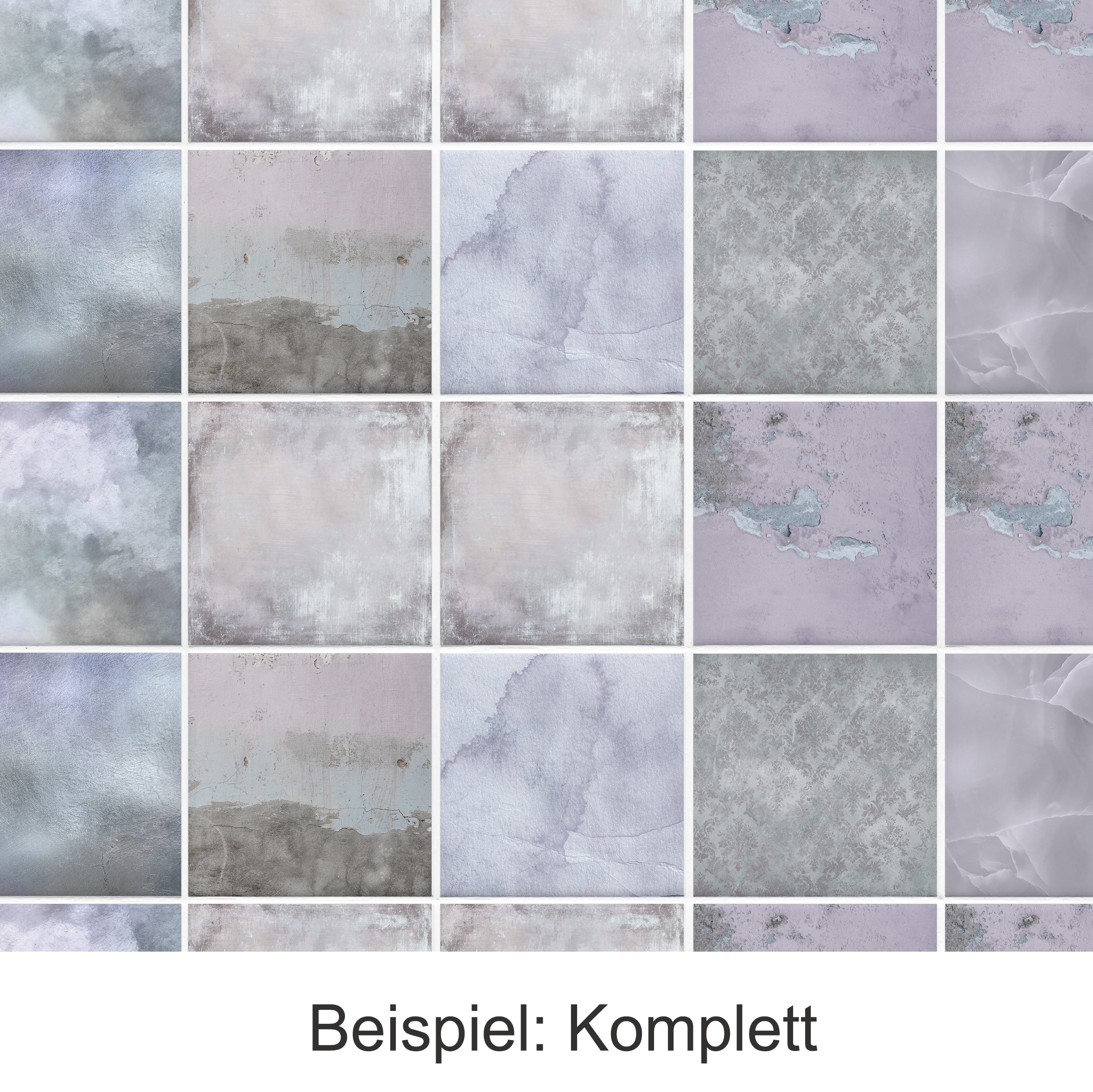 Musterfliesen in Grau und Lila mit verschiedenen Texturen.