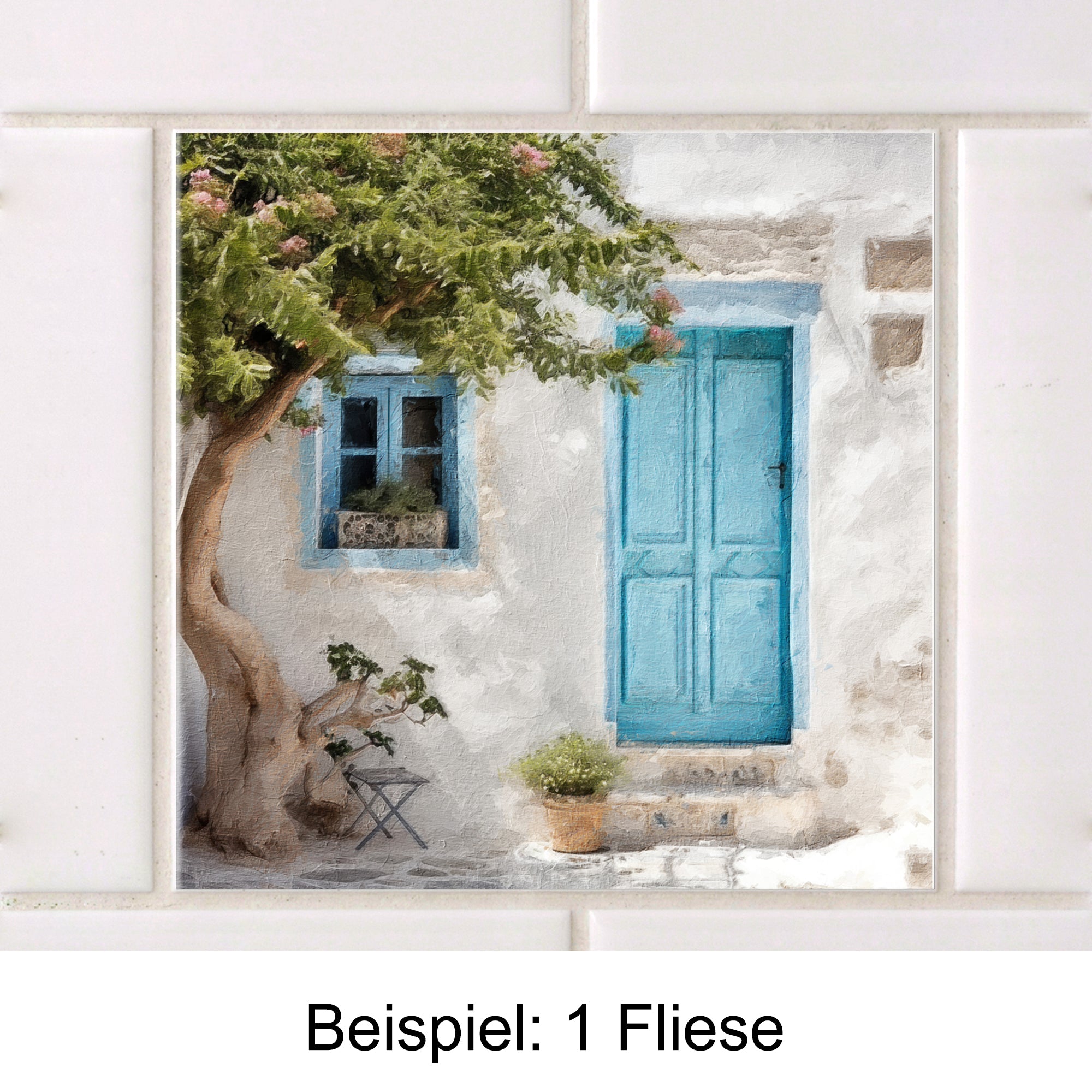 Tür und Fenster in Türkis, weiße Wand, Pflanze.