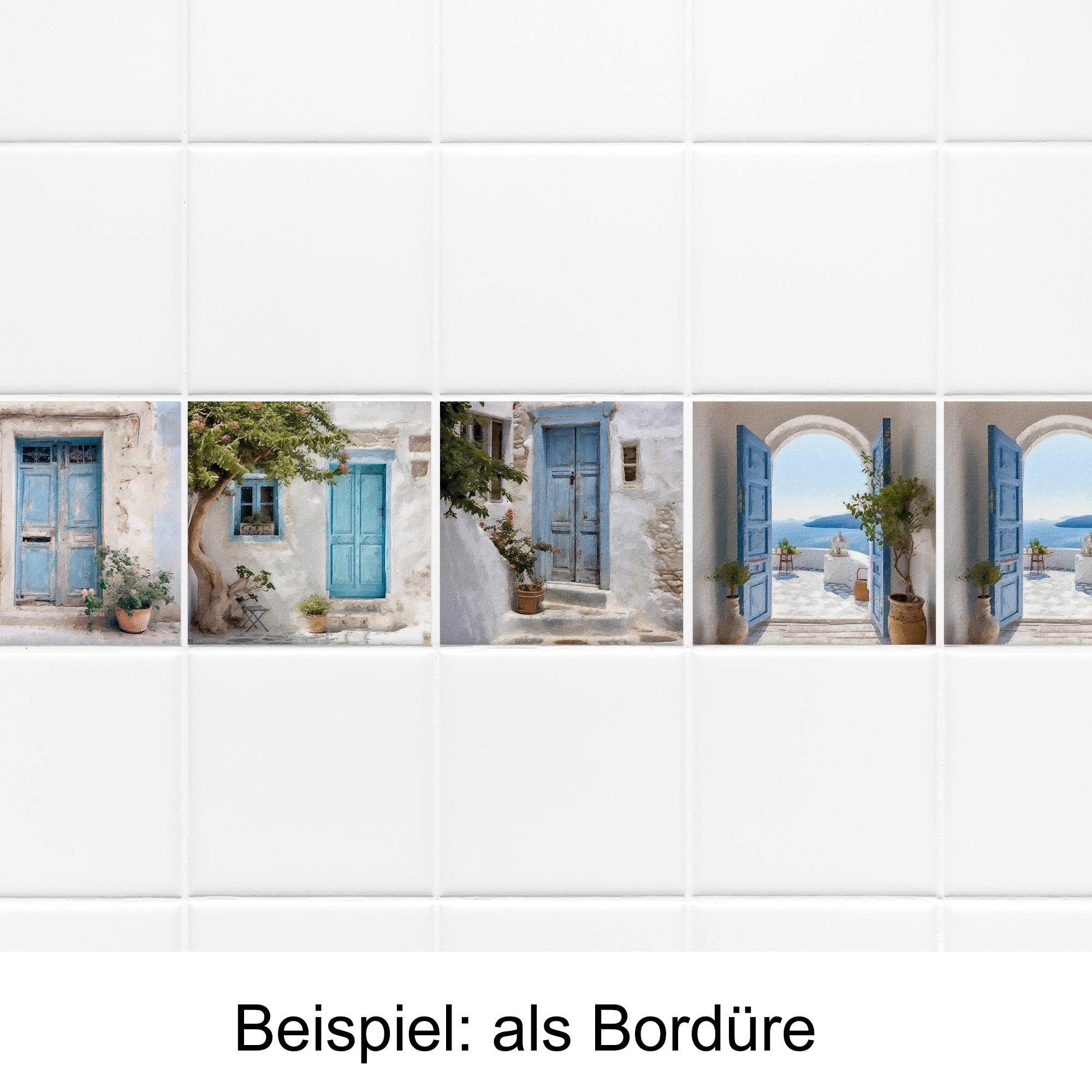 Blaue Türen und Fenster mit mediterranem Flair.