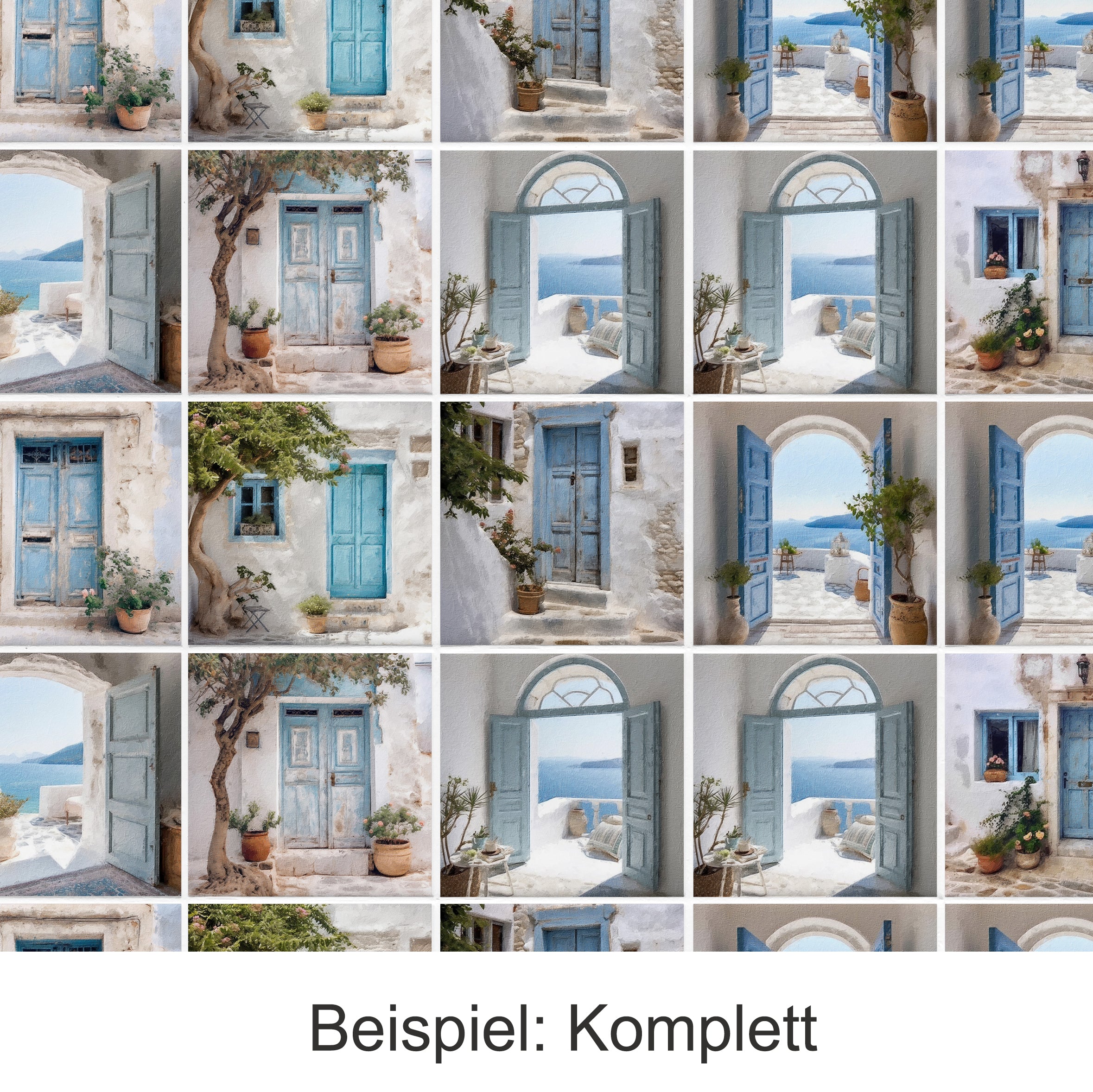 Blaue Türen und Fenster mit Meerblick, mediterrane Architektur.