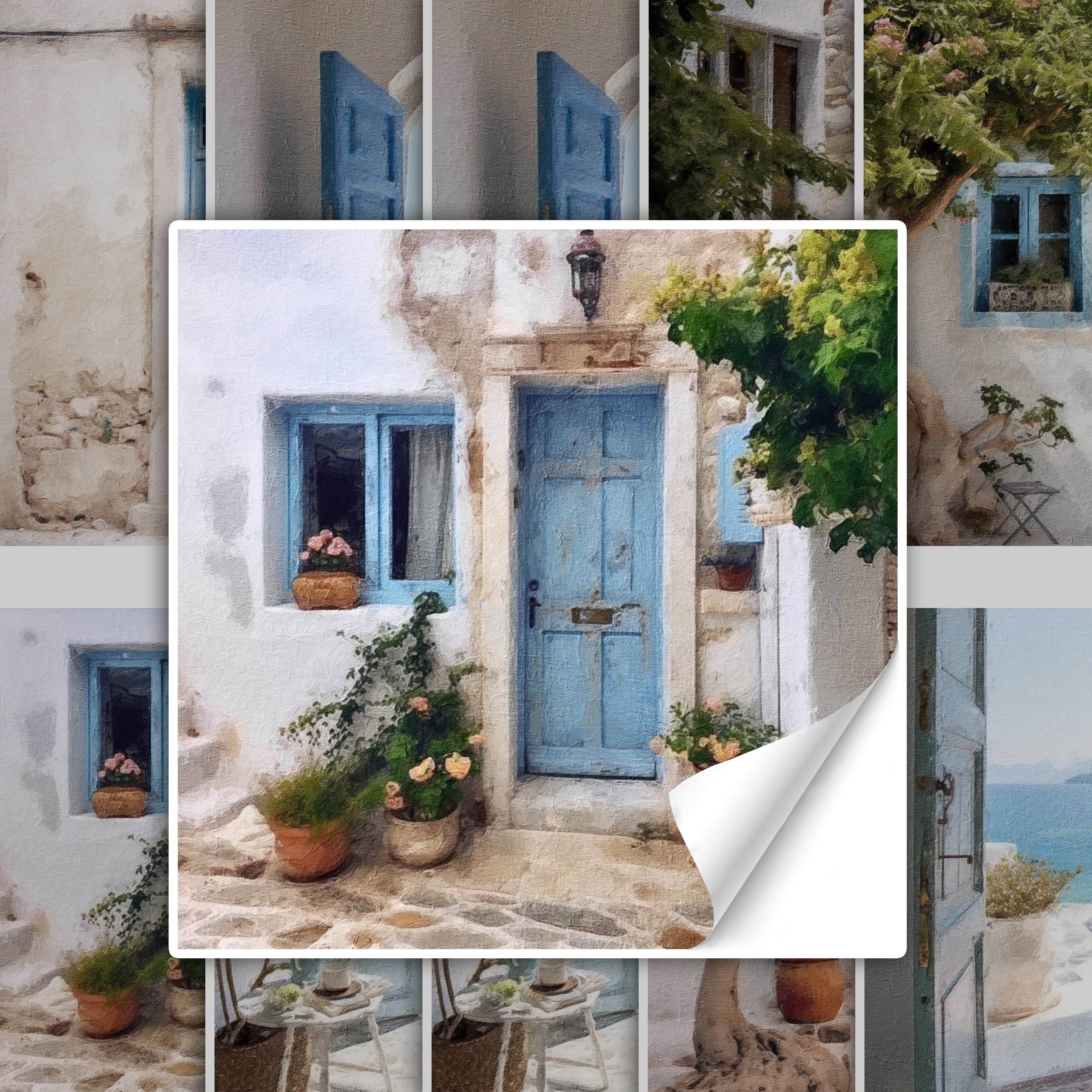 Helle blaue Tür mit Pflanzen in Töpfen.