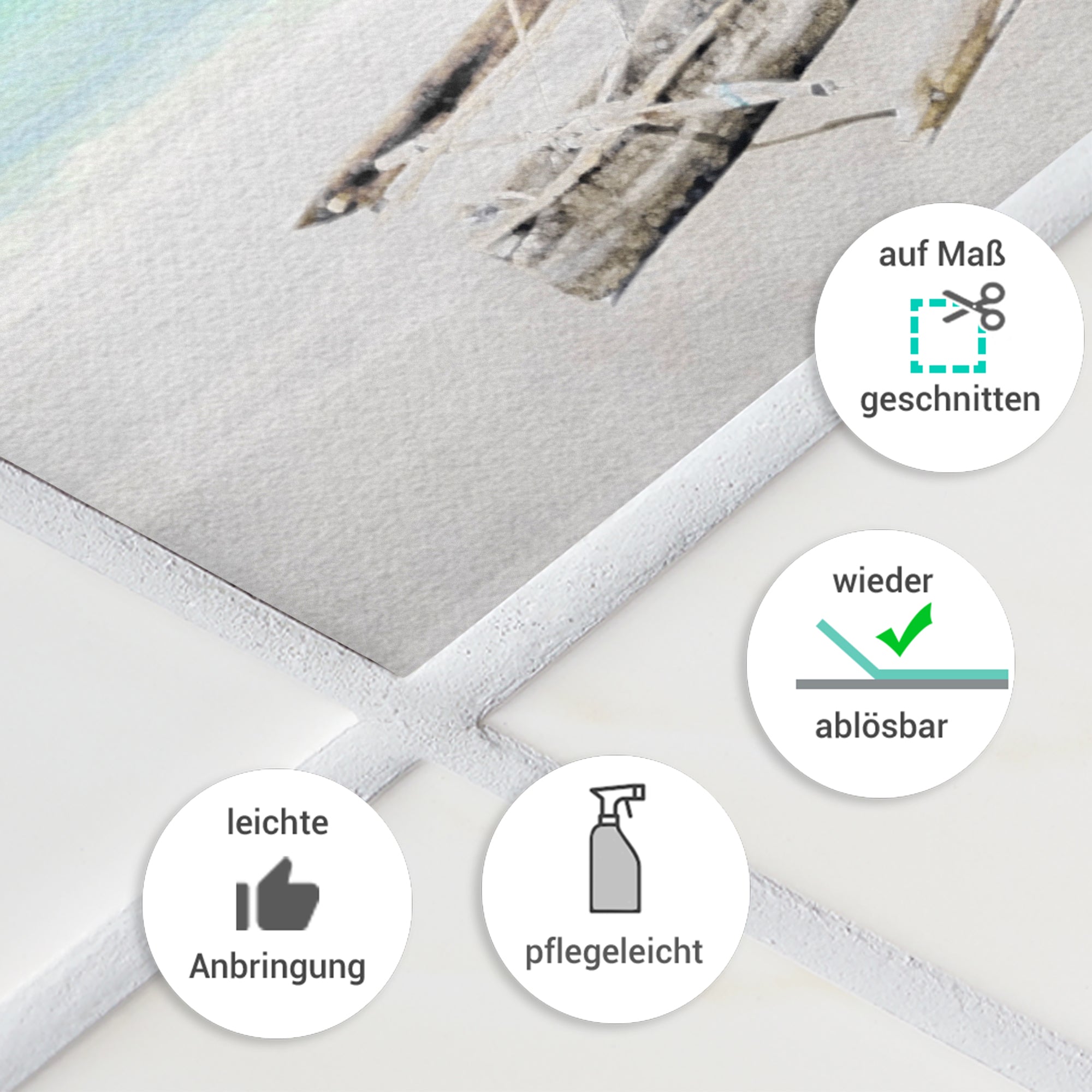 Wanddeko, ablösbar, pflegeleicht, auf Maß geschnitten.
