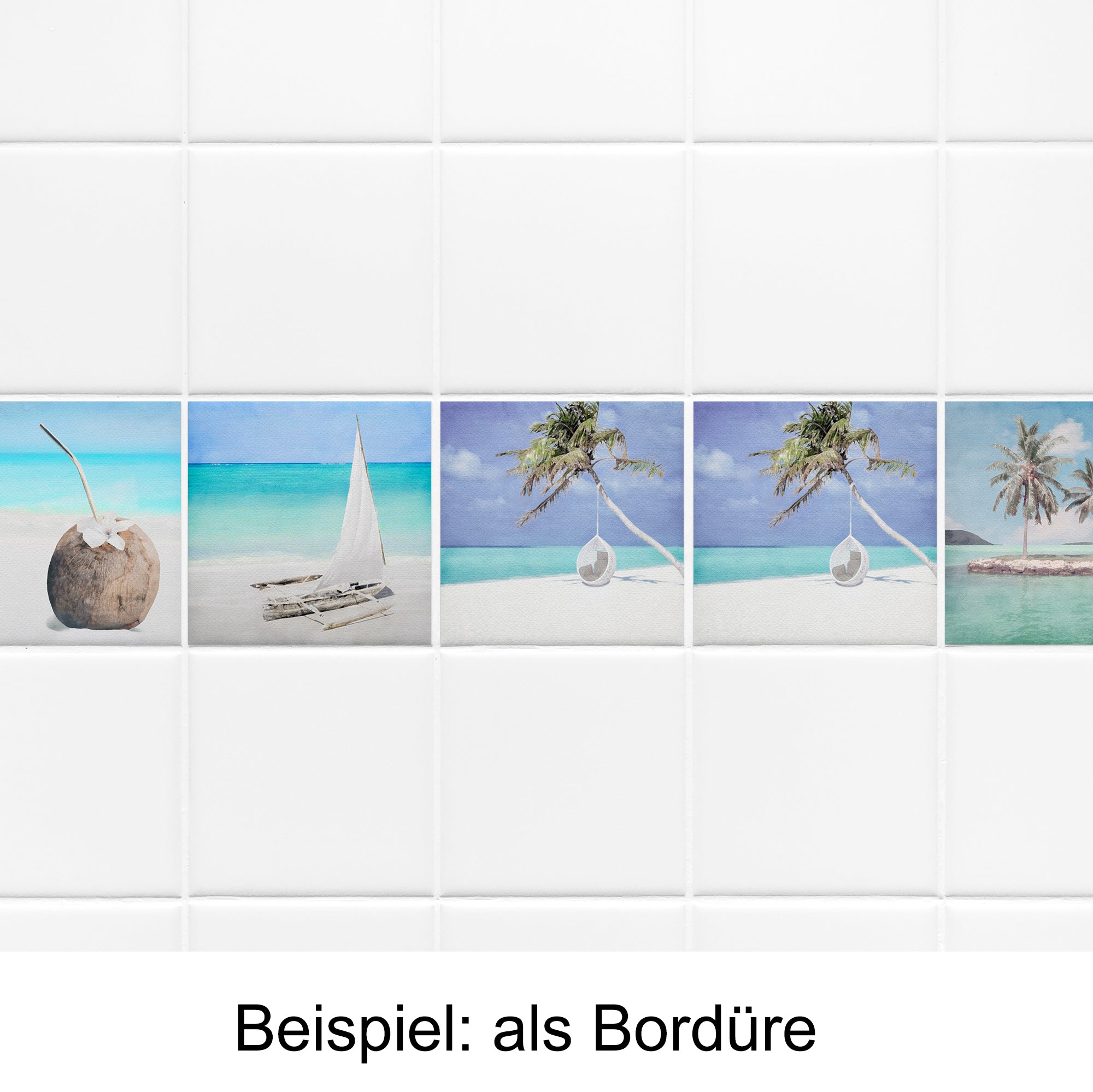 Bunte Fliesenbordüre mit Strandmotiven und Kokosnuss.