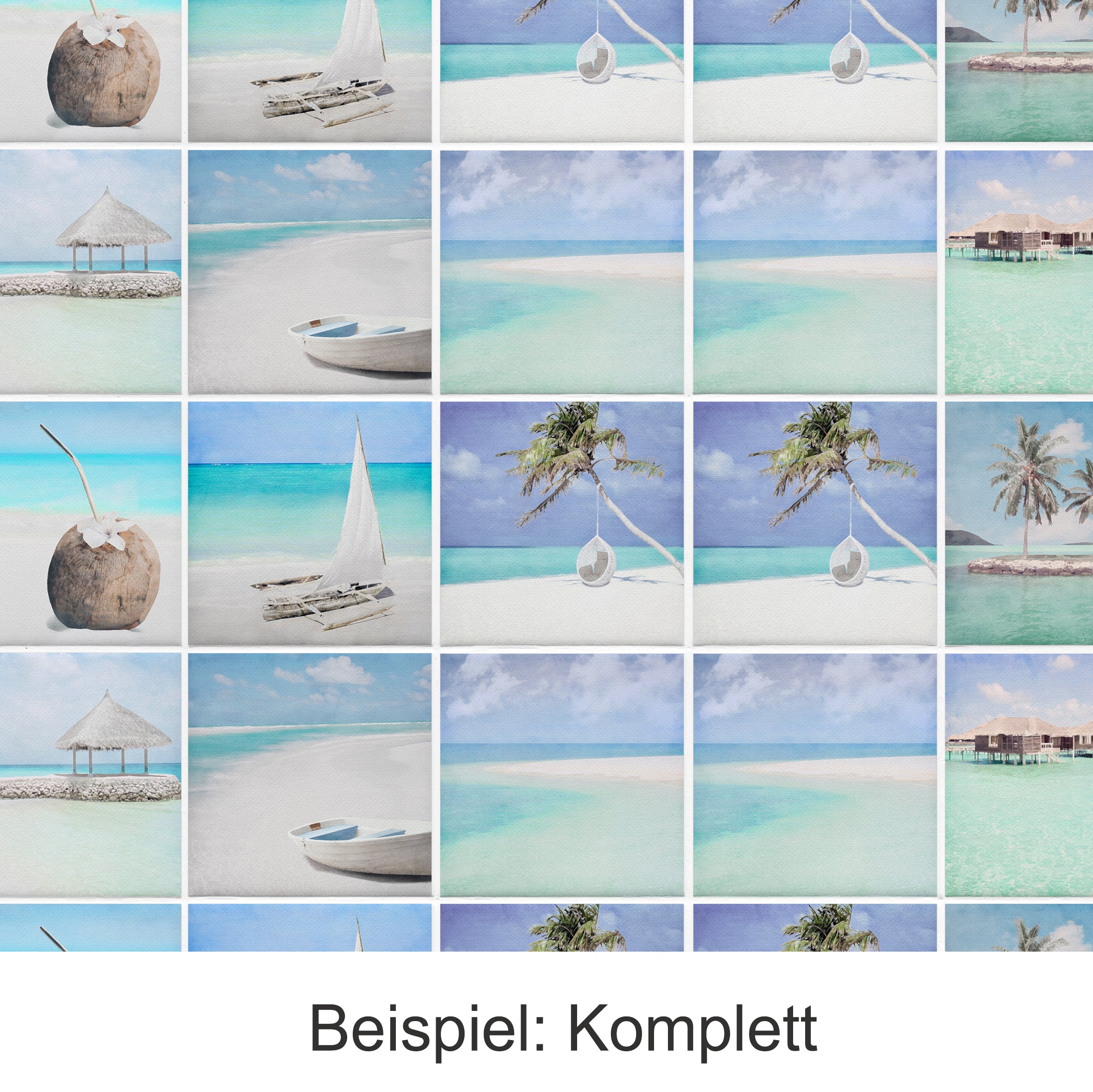 Tropische Landschaften mit Booten, Palmen und Kokosnüssen.