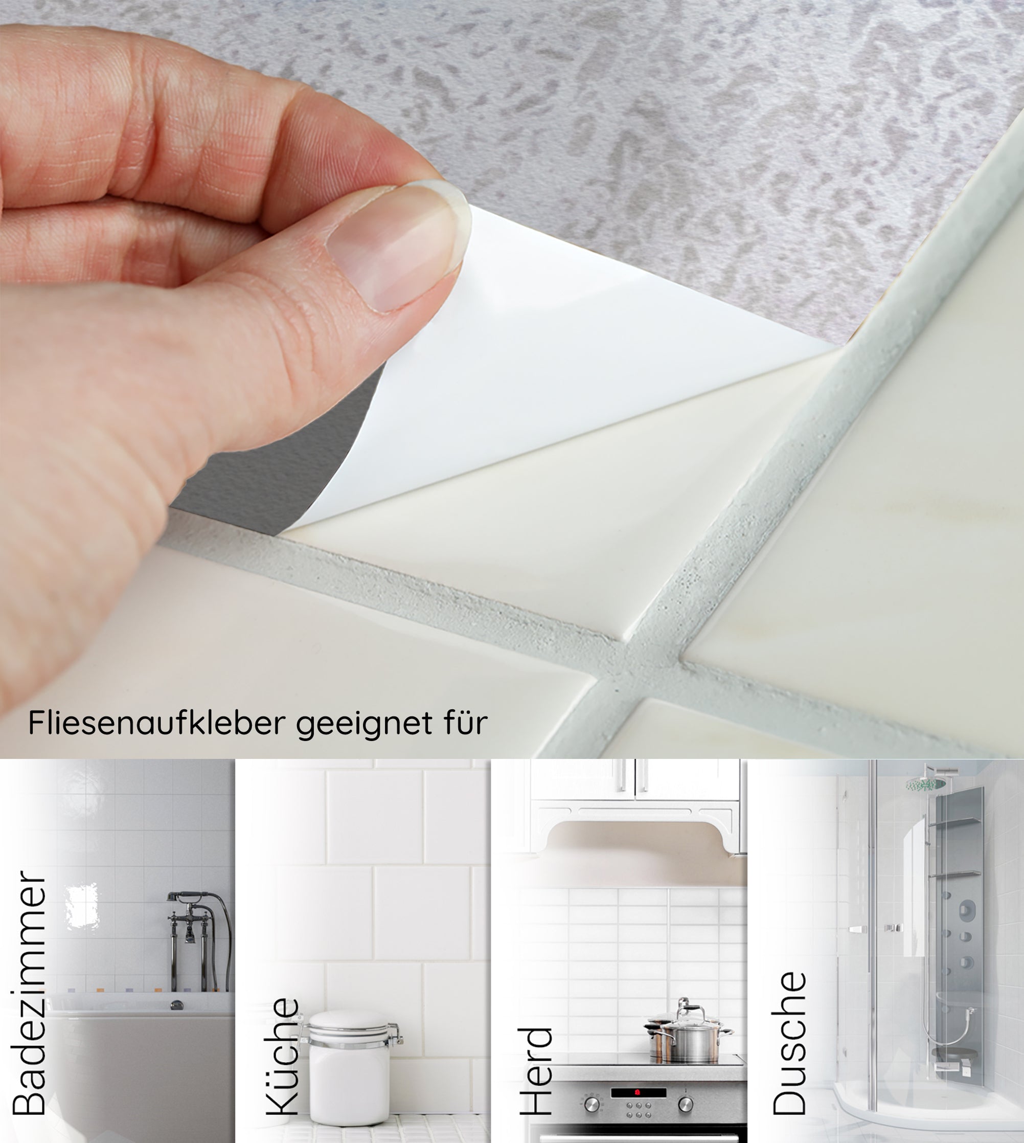 Fliesenaufkleber in Weiß, geeignet für Badezimmer und Küche.