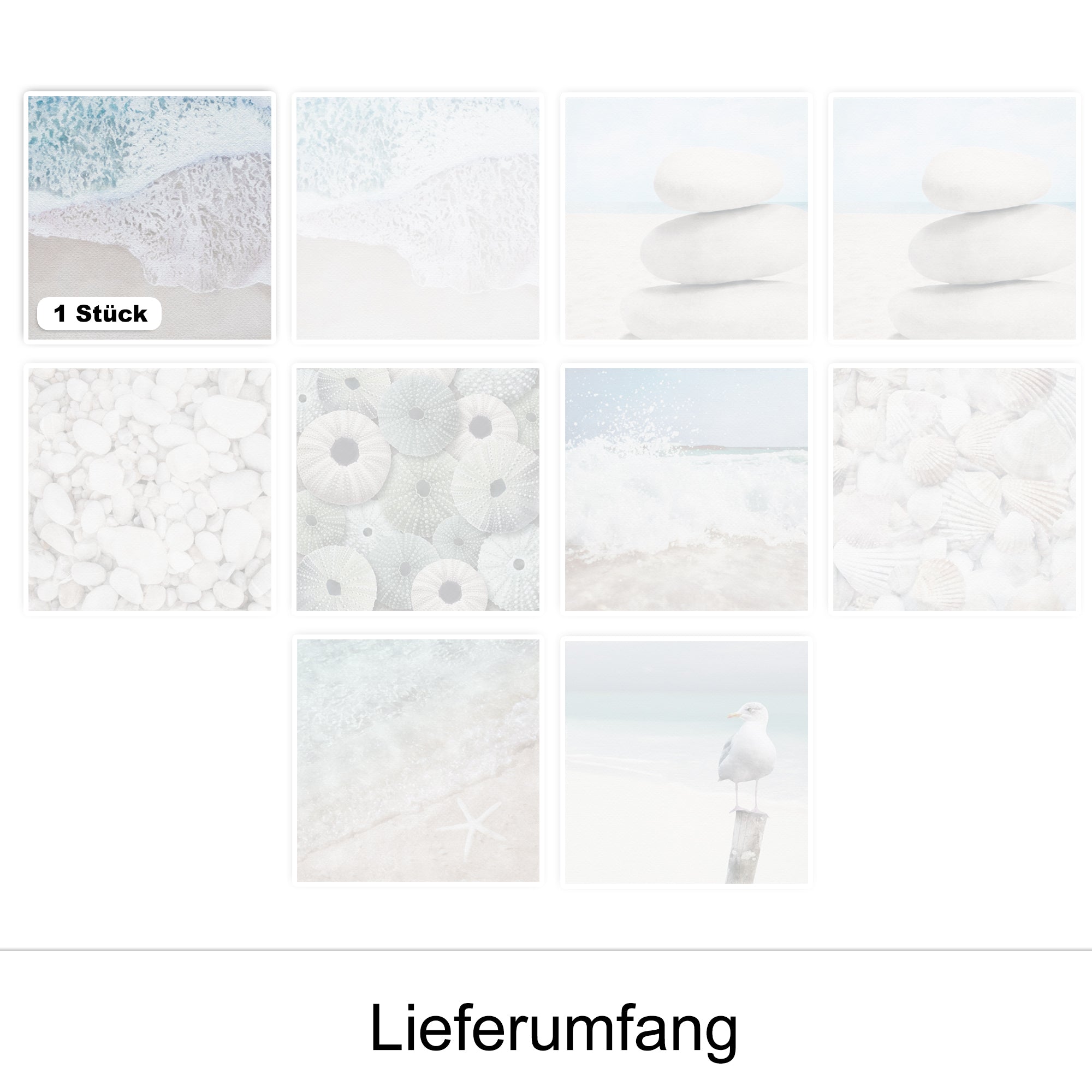 Helle, maritime Bilder mit Sand, Steinen und Wasser.