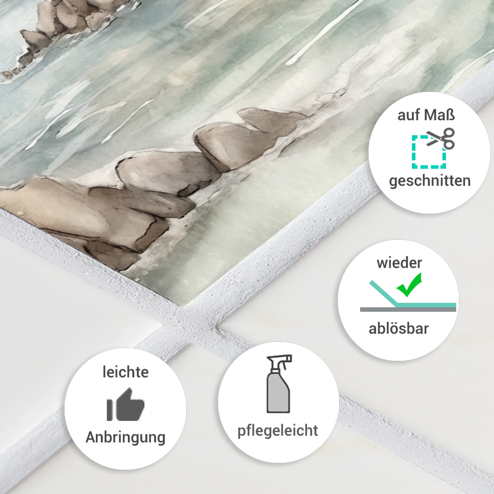 Wasserfarbdruck mit Steinen, pflegeleicht und wiederablösbar.