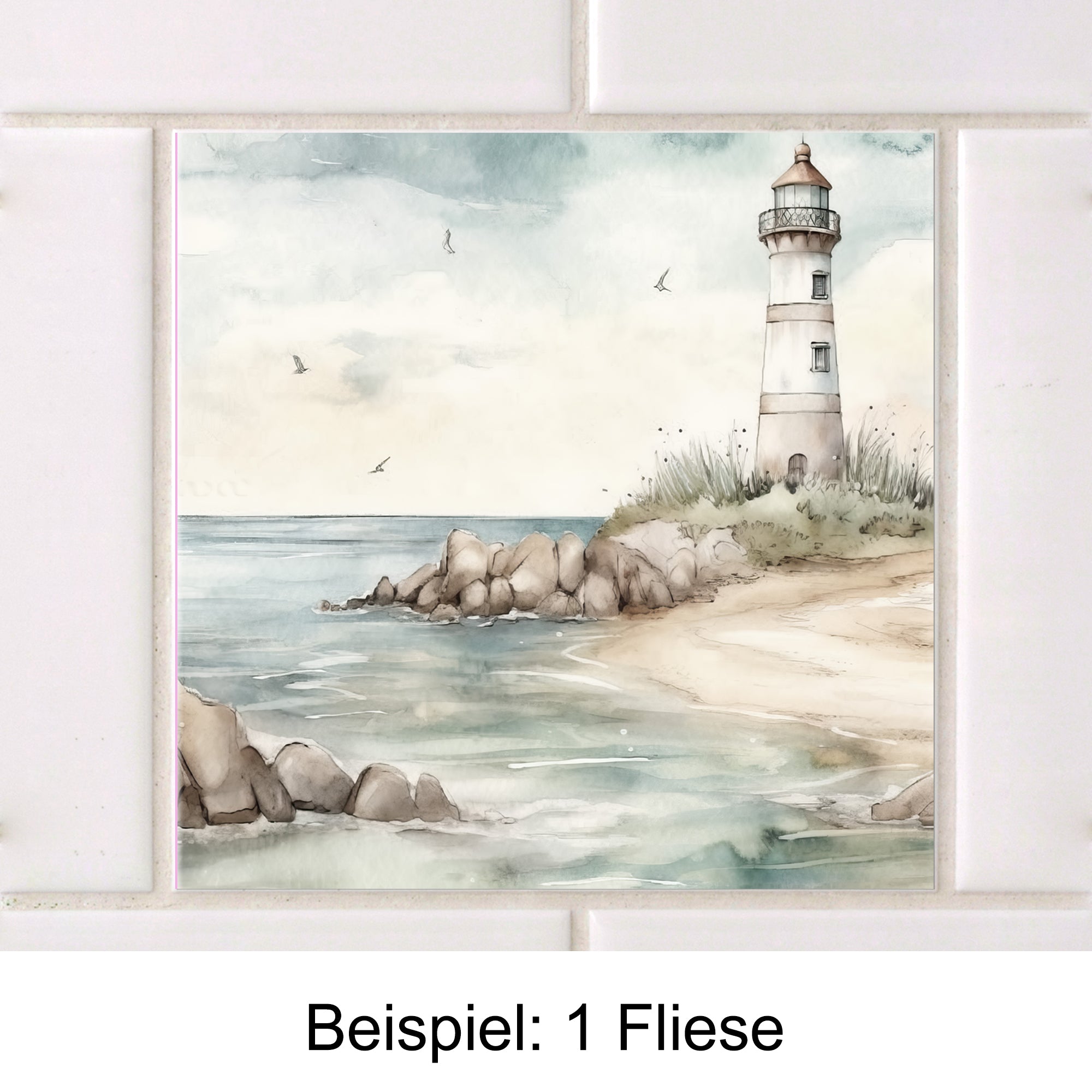 Fliese mit Leuchtturm, sanfte Farben, Küstenlandschaft.