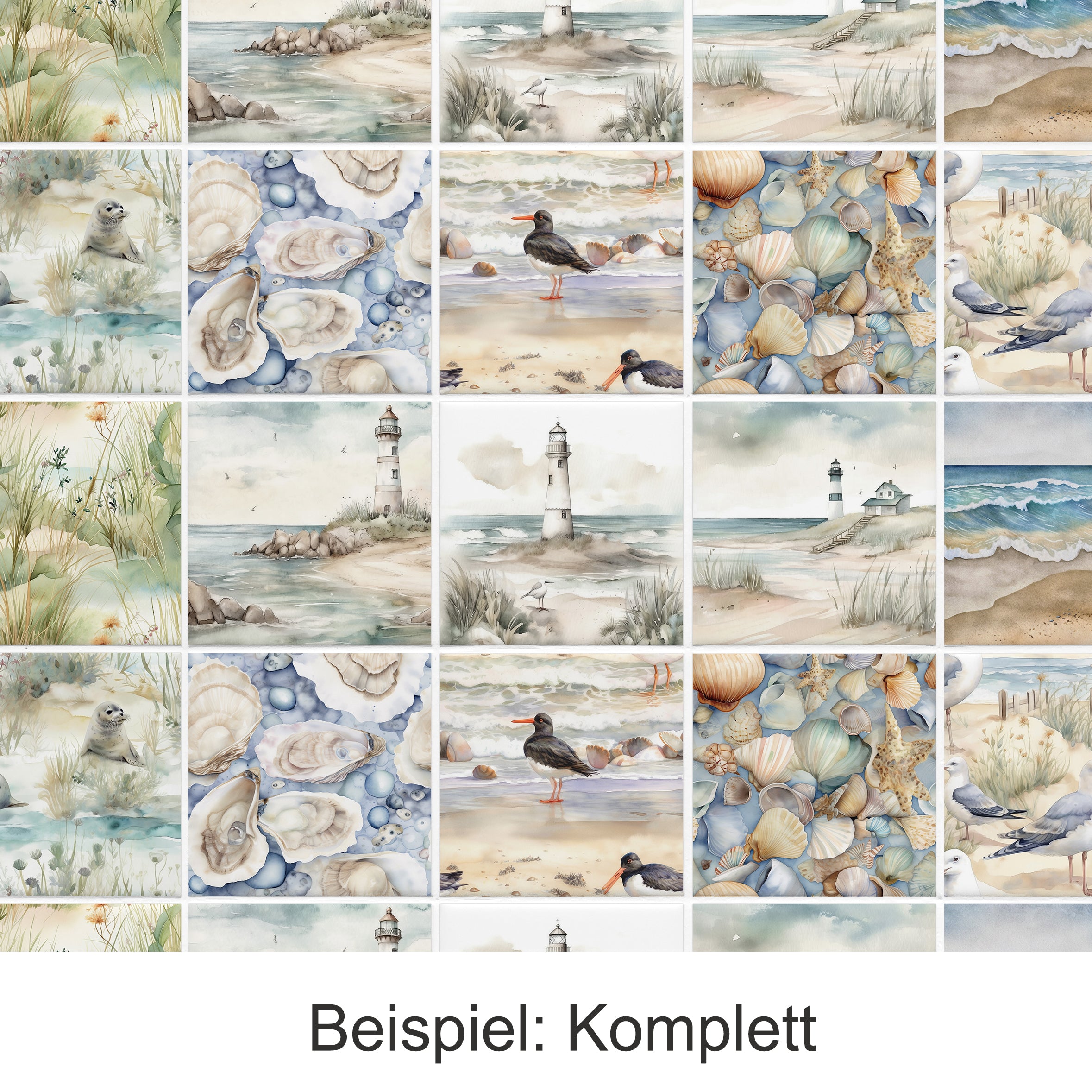 Aquarellmuster mit Leuchttürmen, Muscheln und Küstenlandschaften.