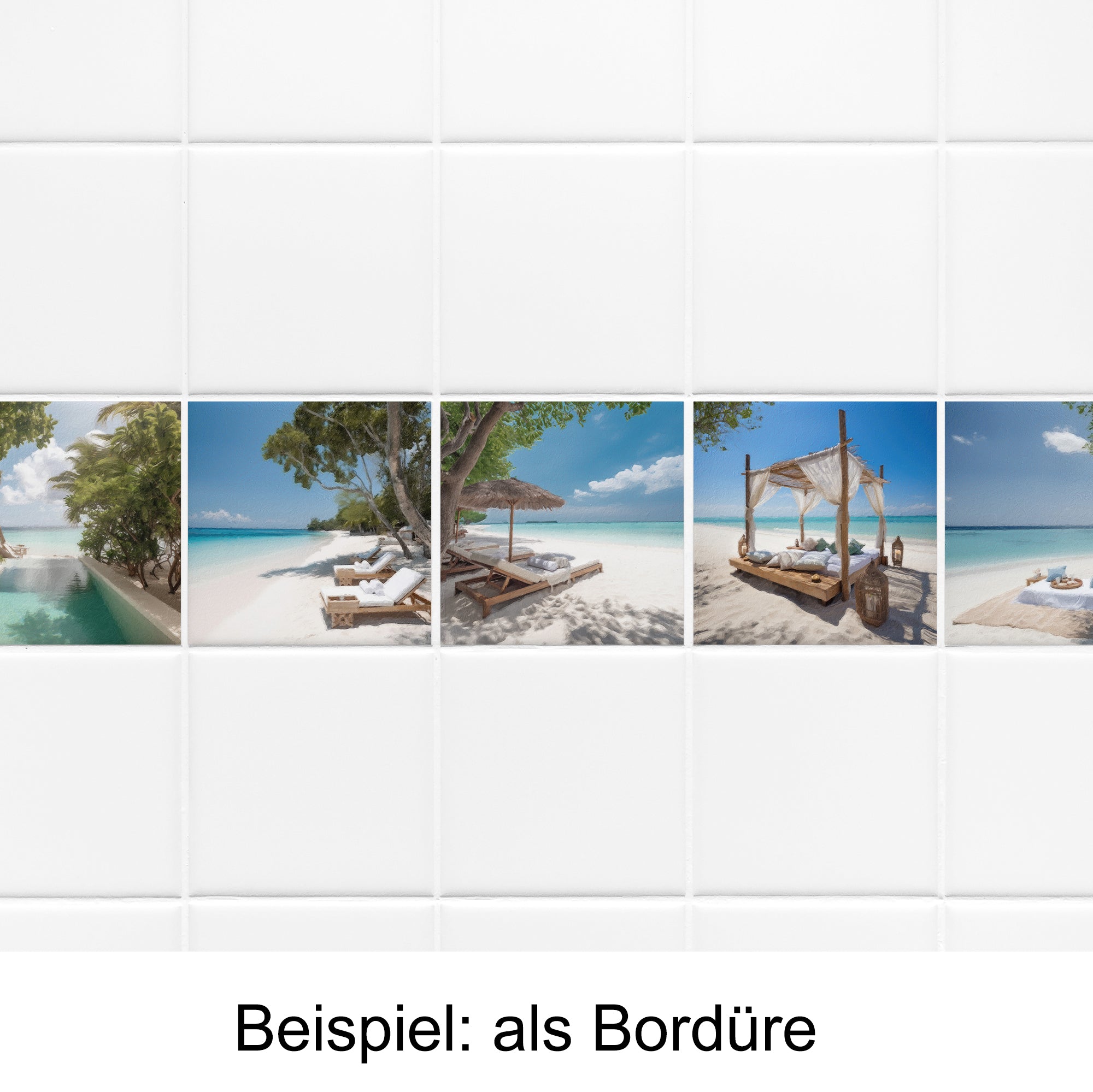Strandlandschaften als Bordüre, helle Farben, entspannende Atmosphäre.