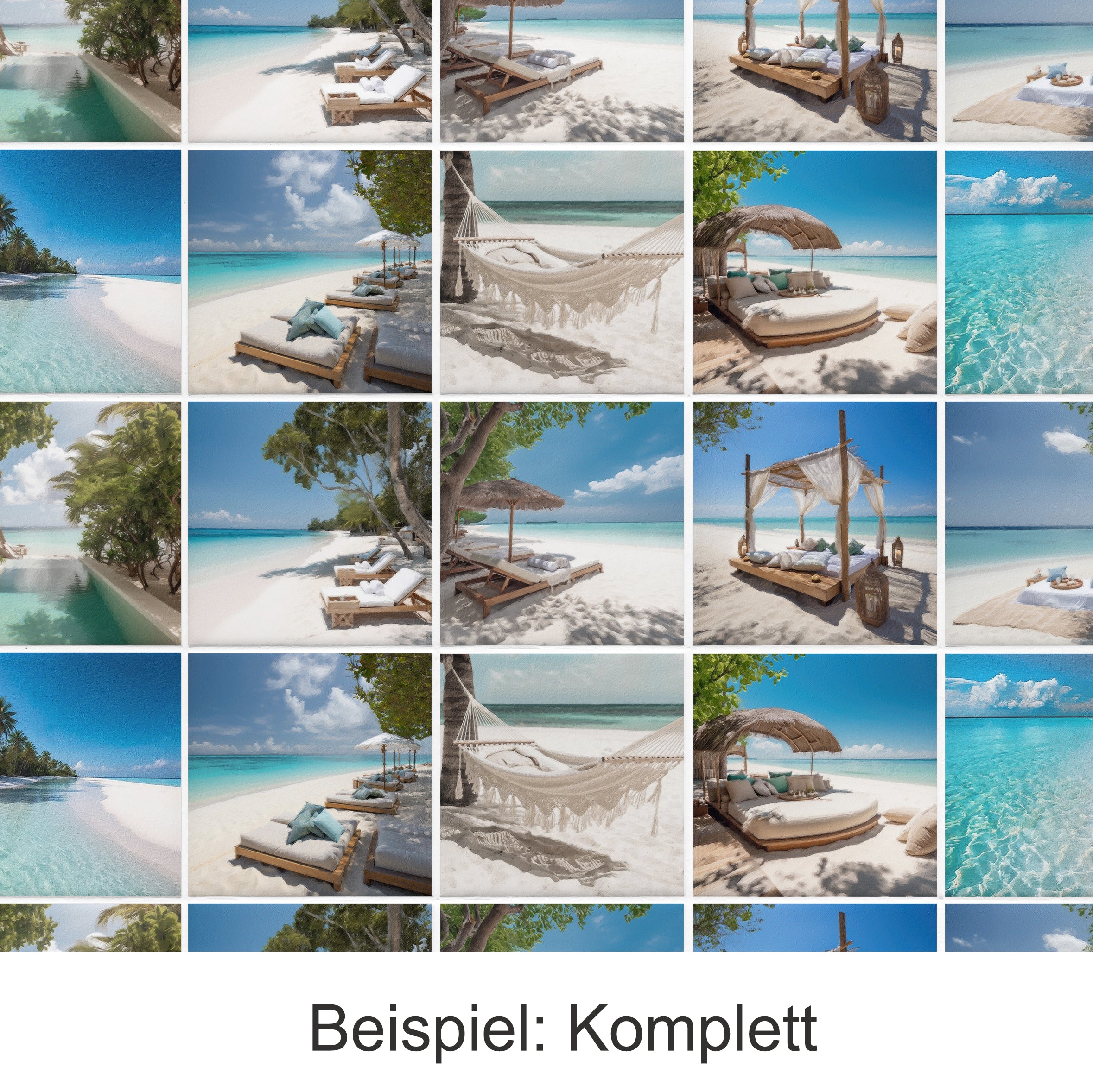 Strandliegen, weiße Farben, türkisblaues Wasser, tropische Umgebung.