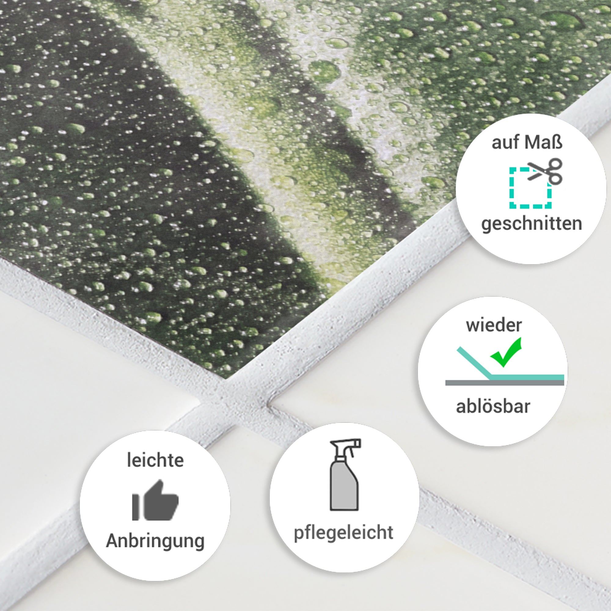 Grün-schwarze Wandfolie, pflegeleicht und wiederablösbar.