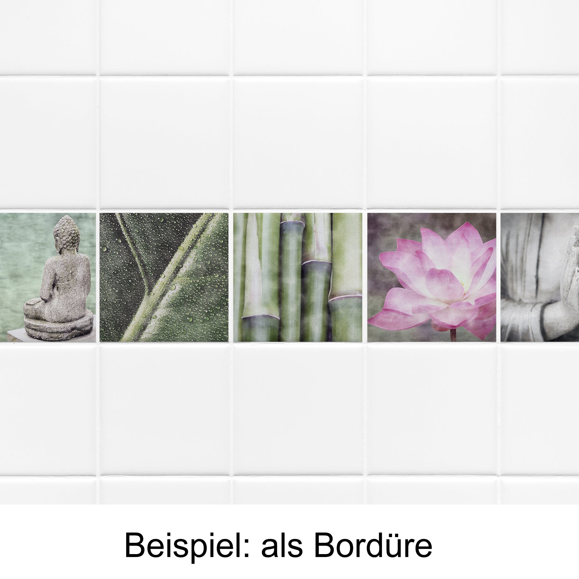 Bunte Fliesenbordüre mit Buddha, Blättern und Lotusblüte.
