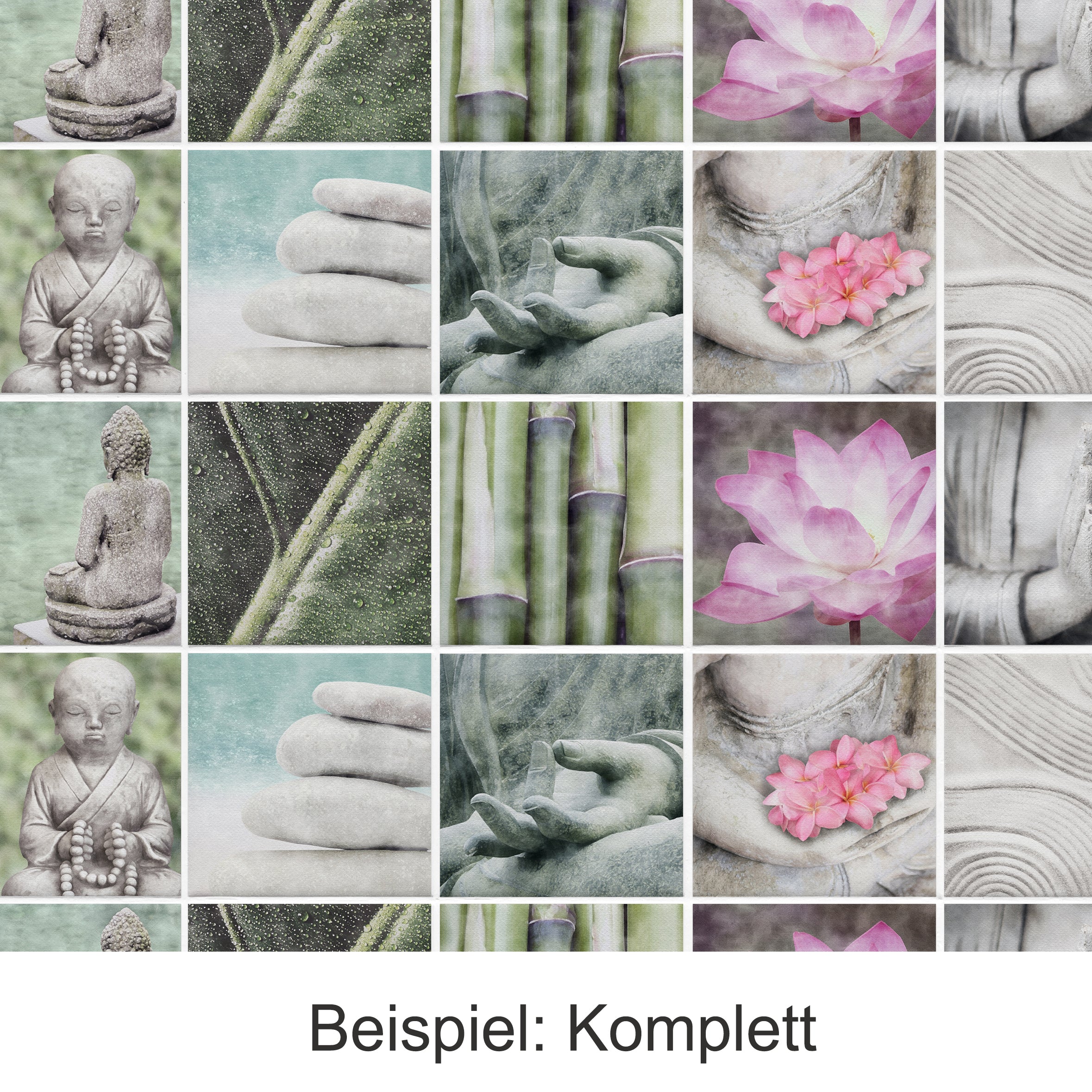 Buddhistische Statuen, Lotusblüten, grüne Bambusdetails.